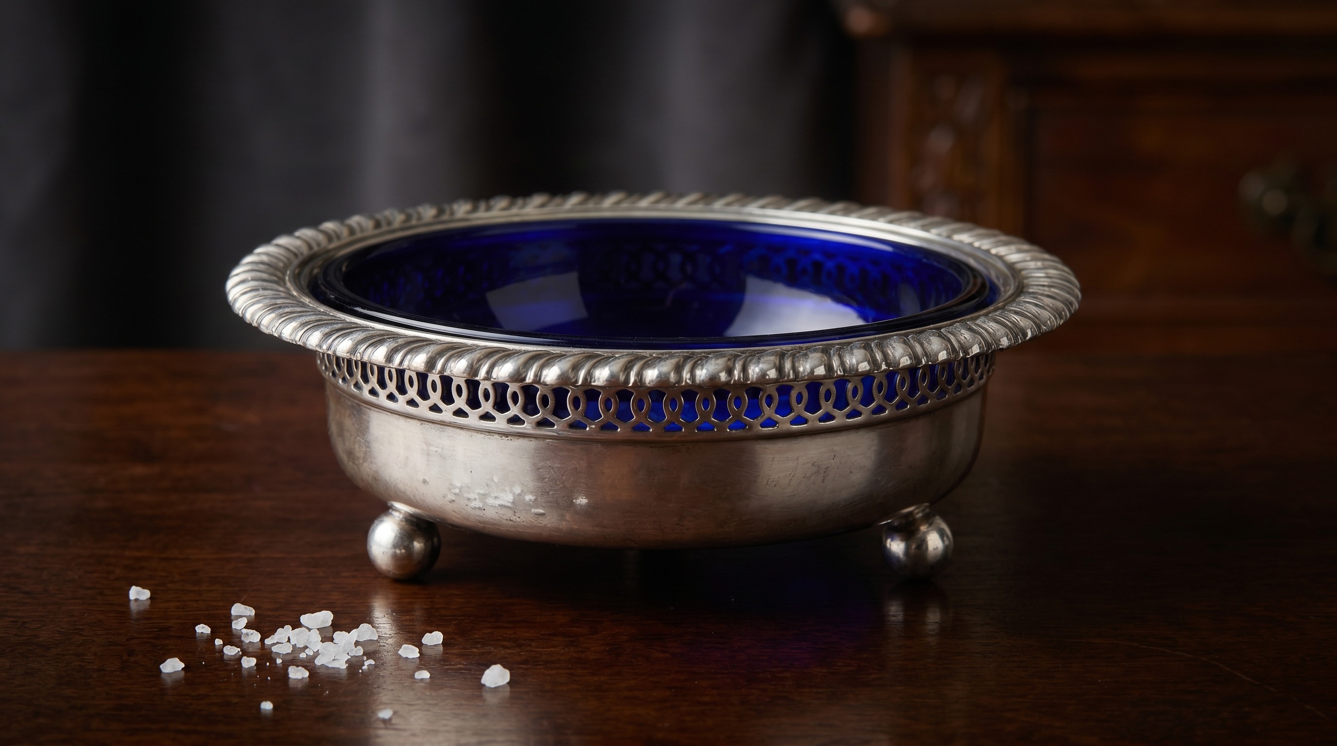 Antique silver open salt cellar with cobalt blue glass liner