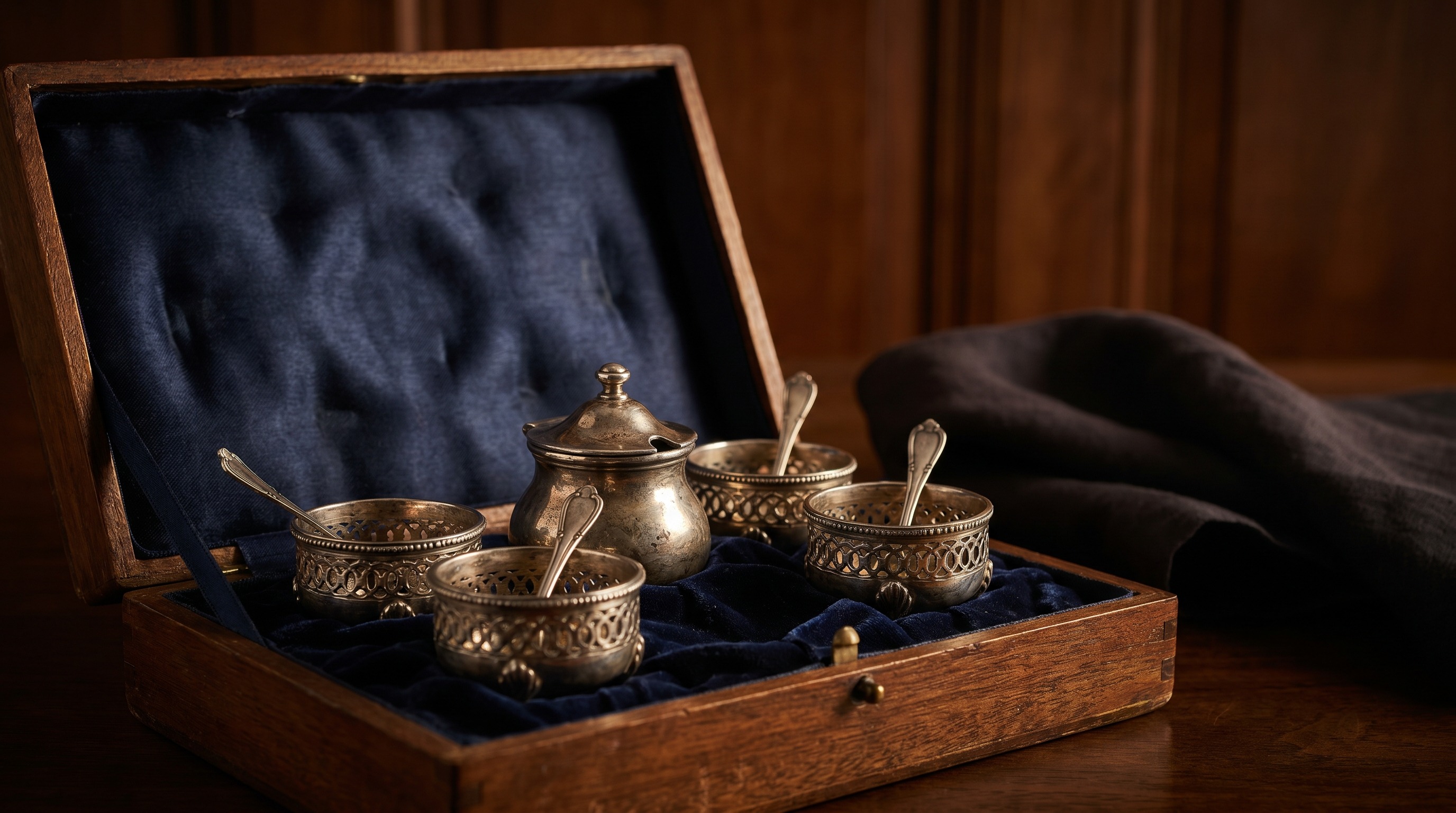 A cased set of antique silver salt cellars with spoons and a mustard pot