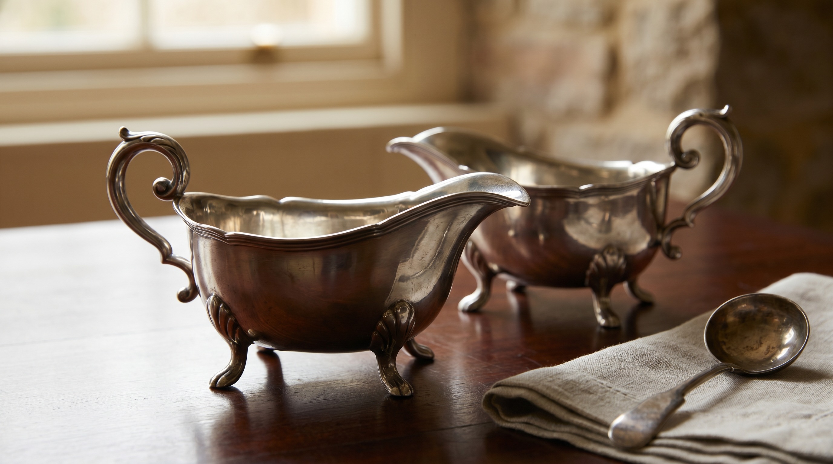 Pair of antique sterling silver sauce boats with scroll handles and hoof feet — Mozeris Fine Antiques