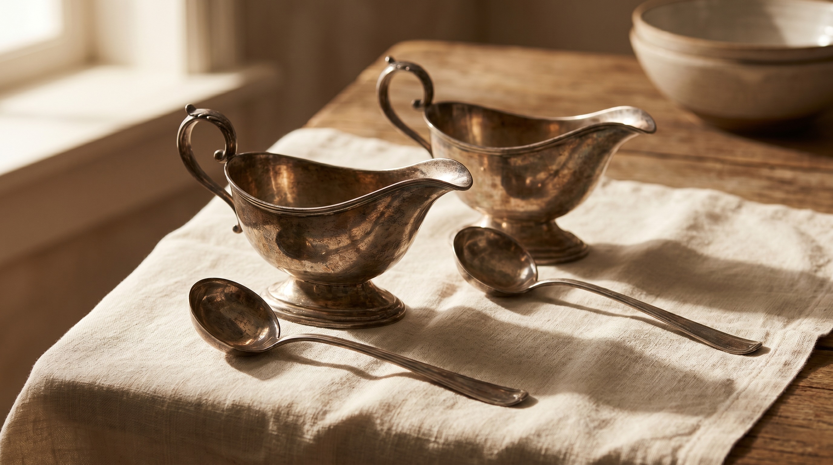A pair of antique silver sauce boats with matching sauce ladles