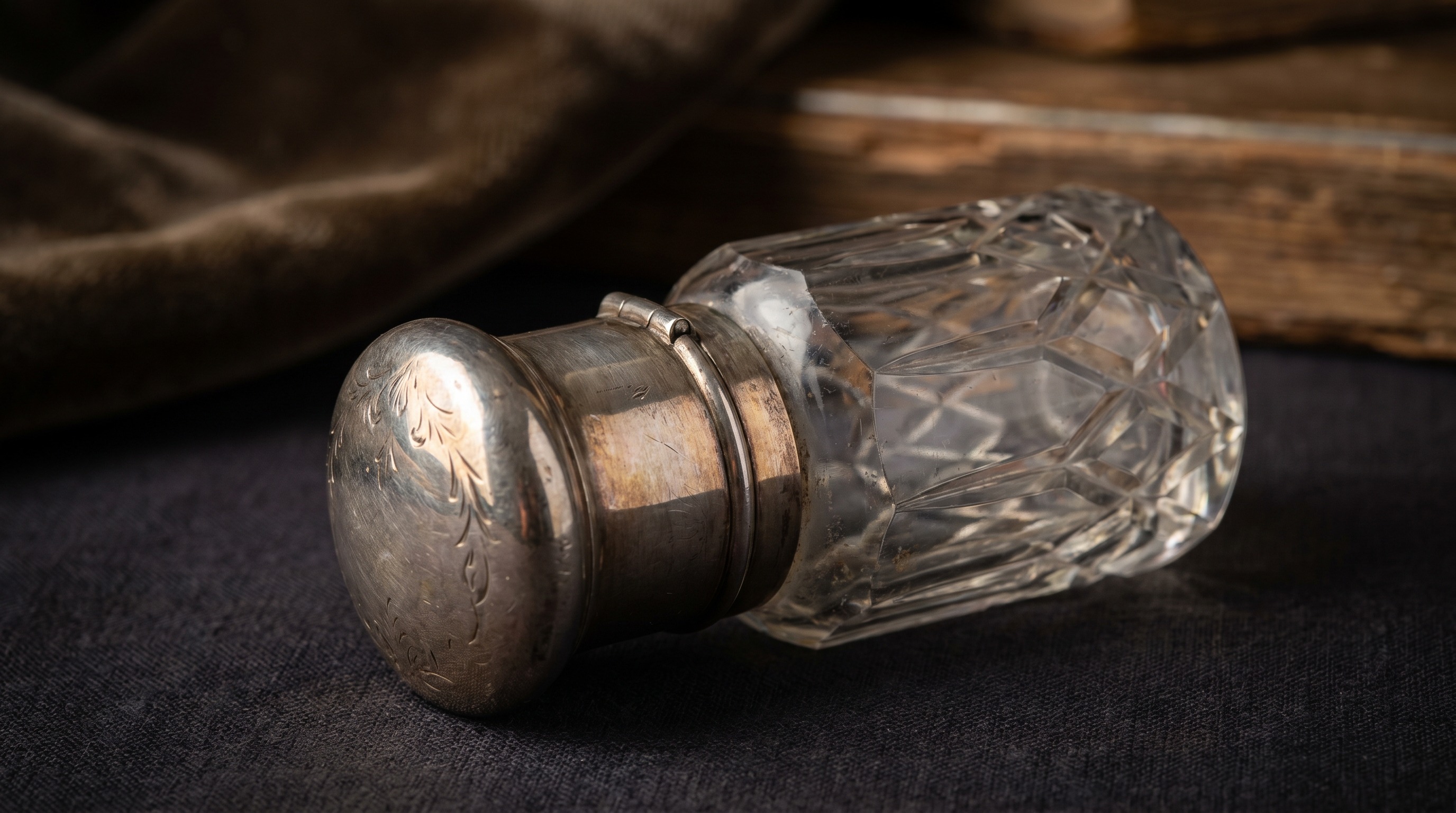 Hinged silver cap and cut-glass body of an antique scent bottle