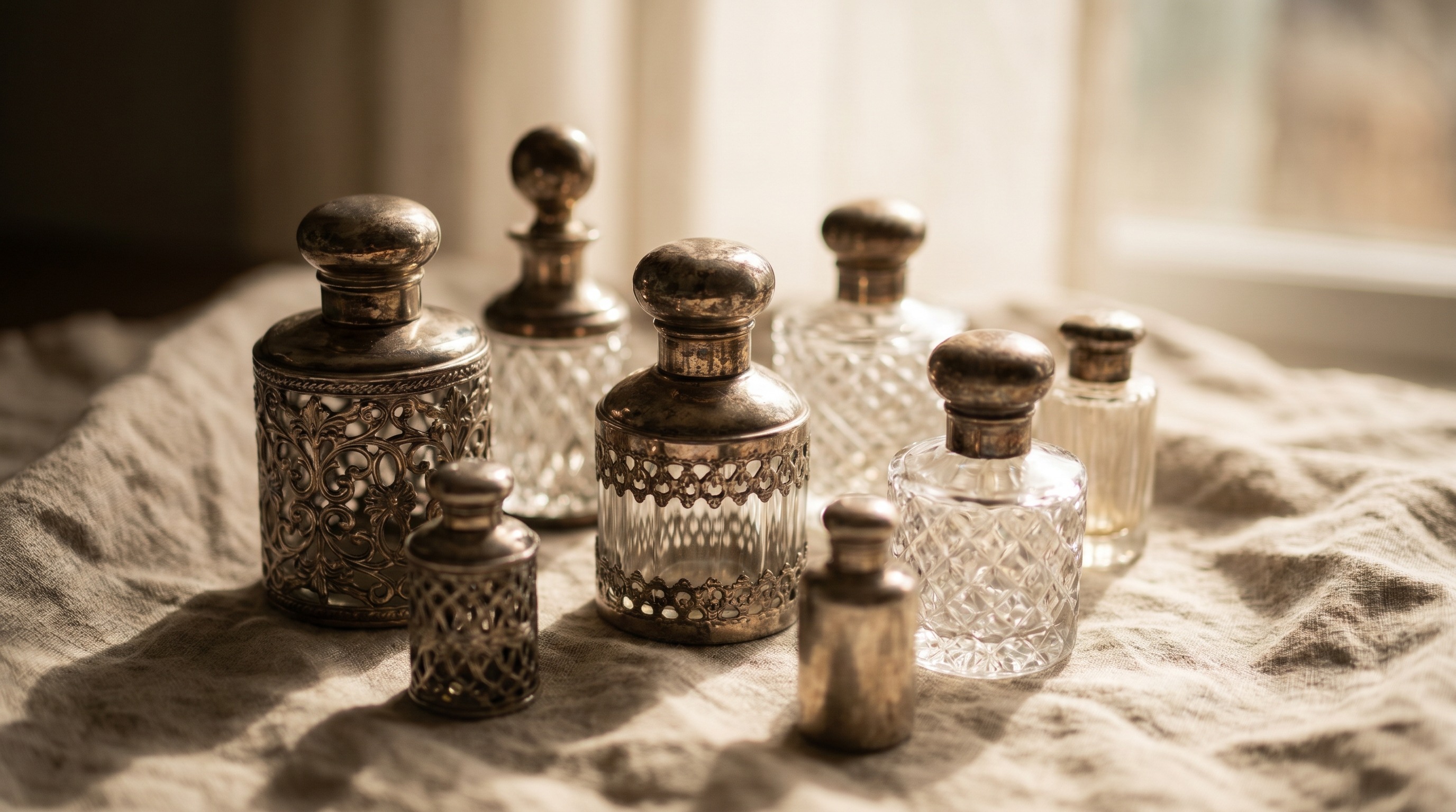 A collection of antique silver and glass scent bottles of differing shapes