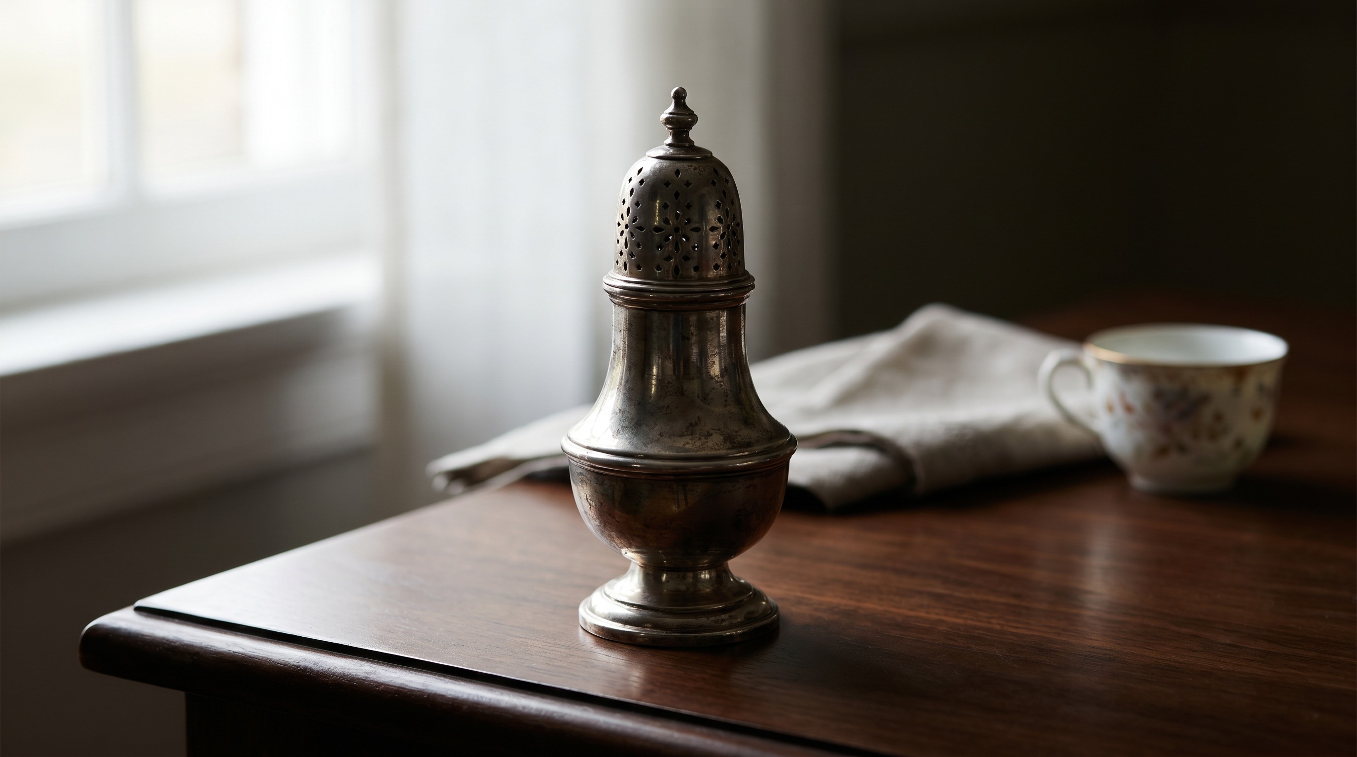Antique sterling silver sugar caster with pierced domed lid — Mozeris Fine Antiques