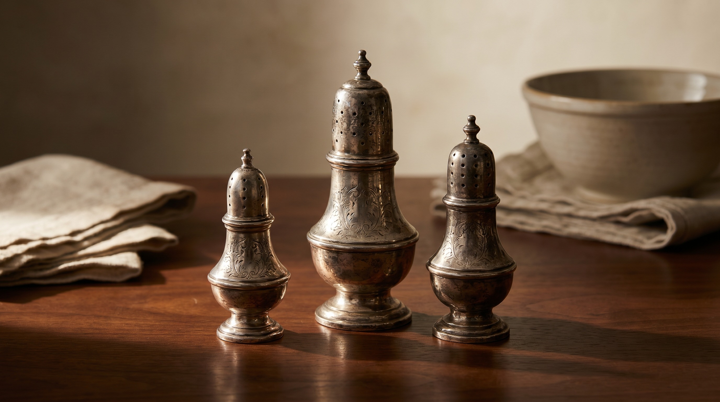 A graduated set of three antique silver sugar and pepper casters