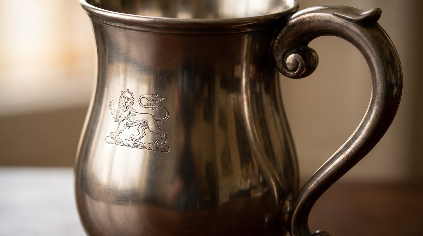Body and scroll handle of an antique silver tankard with engraved crest