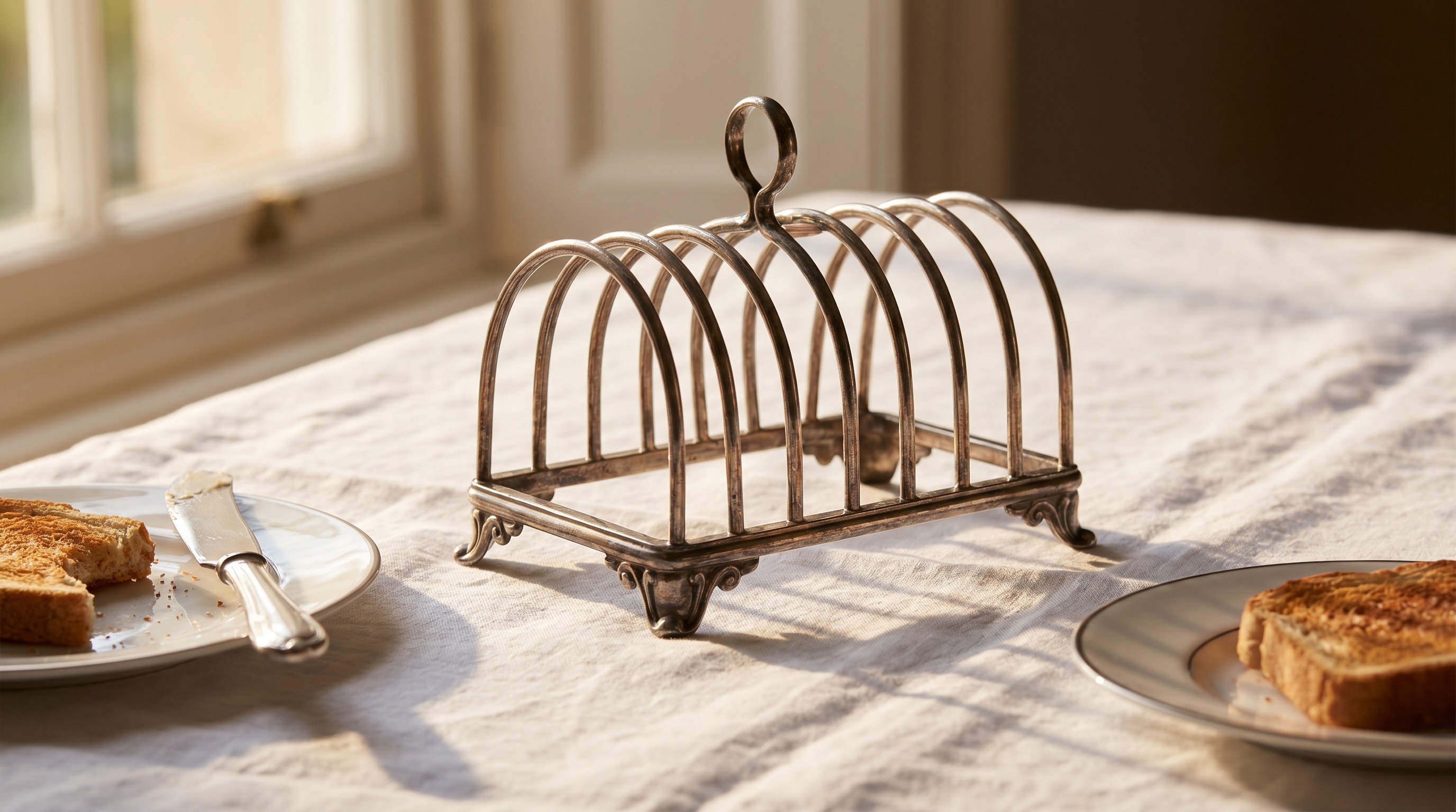 Antique sterling silver toast rack on a breakfast table — Mozeris Fine Antiques