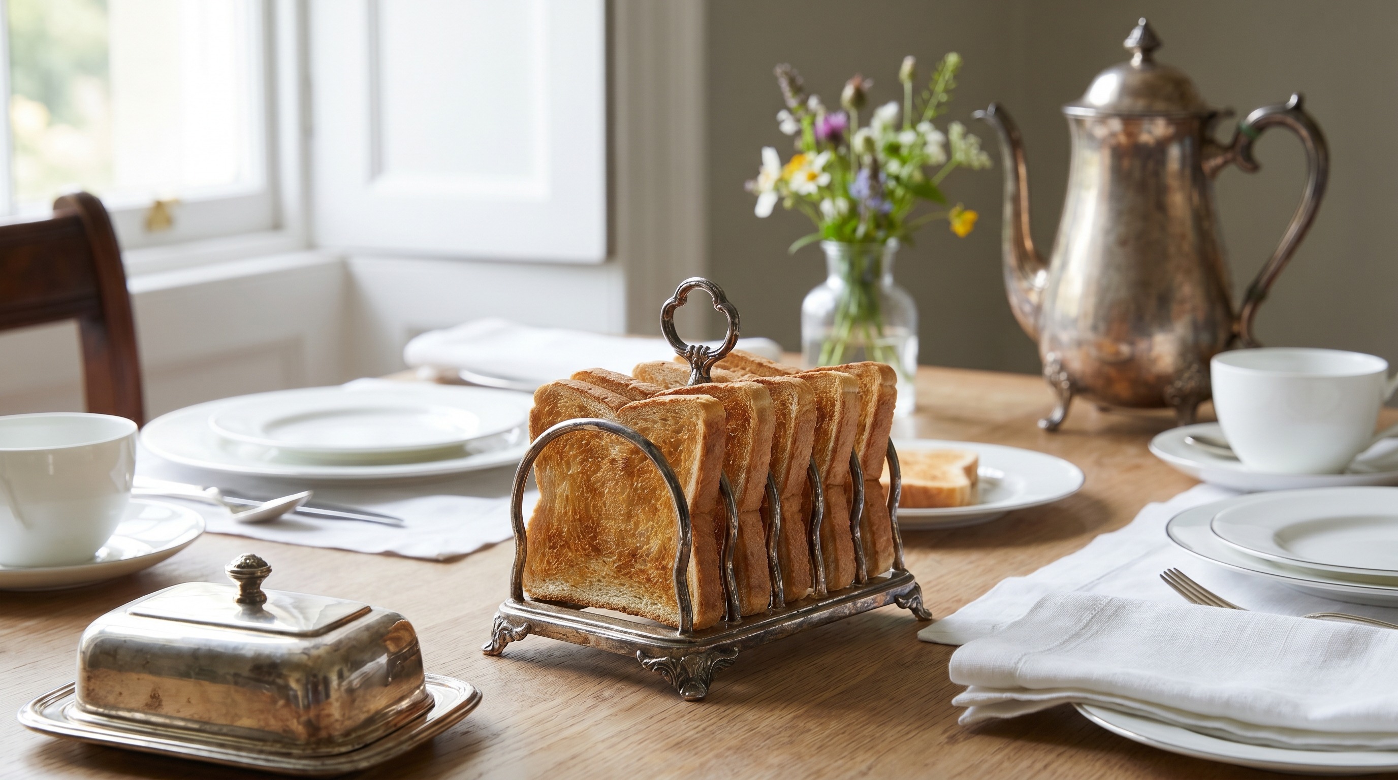 An antique silver toast rack set on a laid breakfast table
