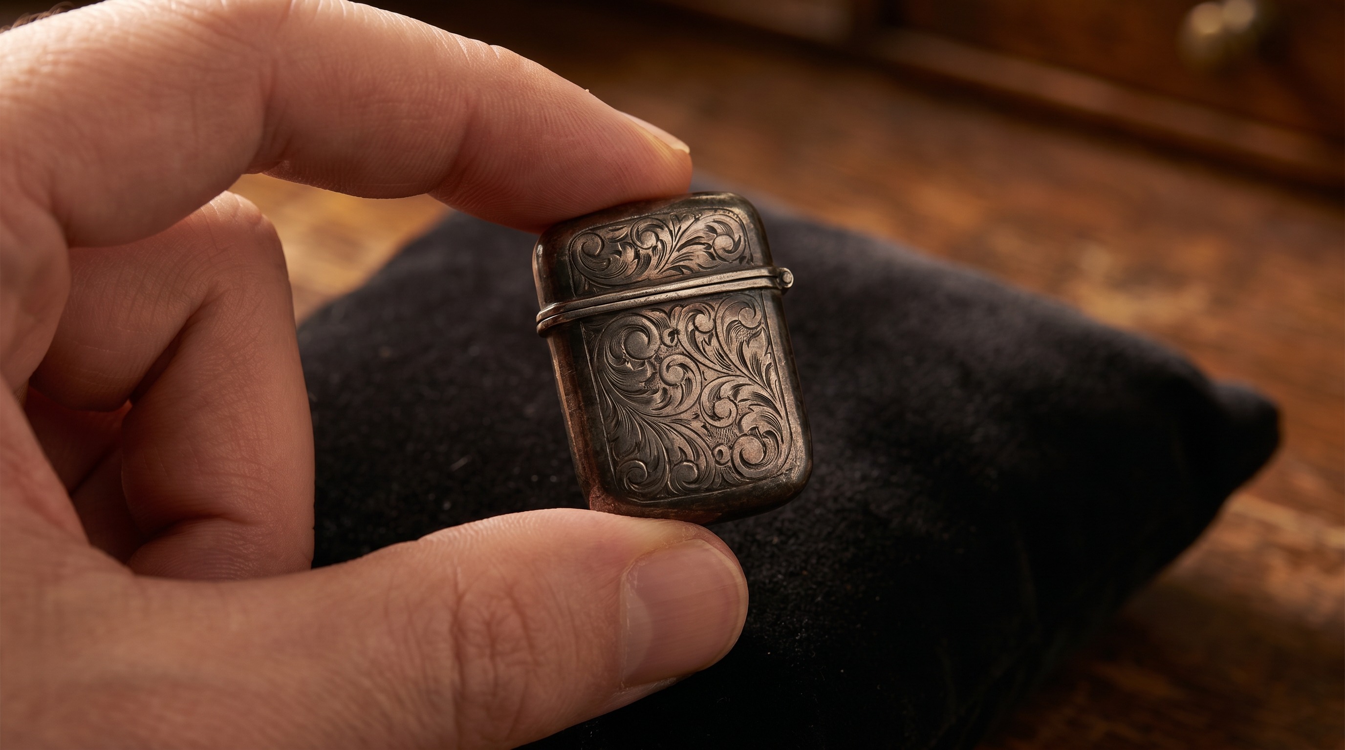 Tiny antique silver vinaigrette held between fingertips