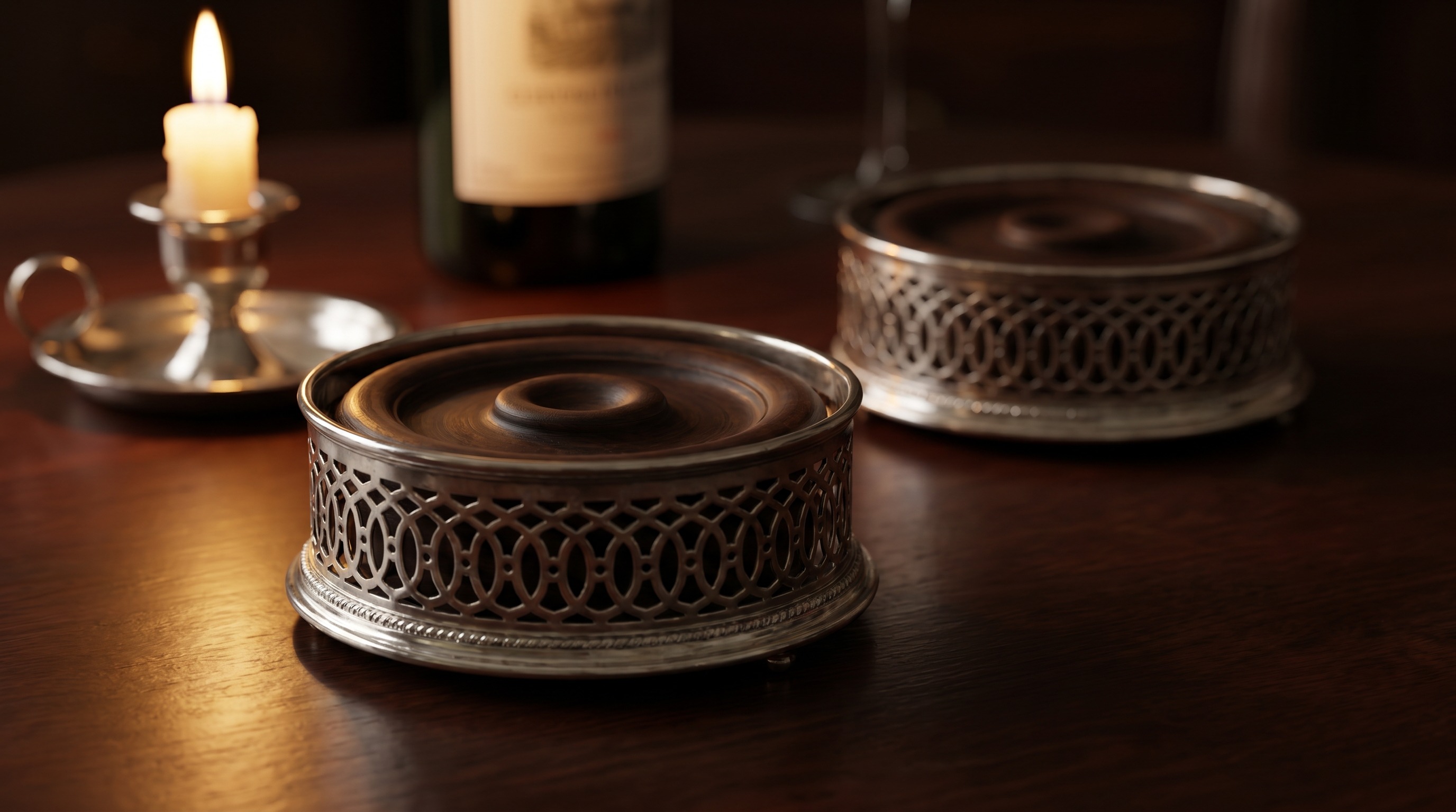 Pair of antique sterling silver wine bottle coasters with pierced sides — Mozeris Fine Antiques