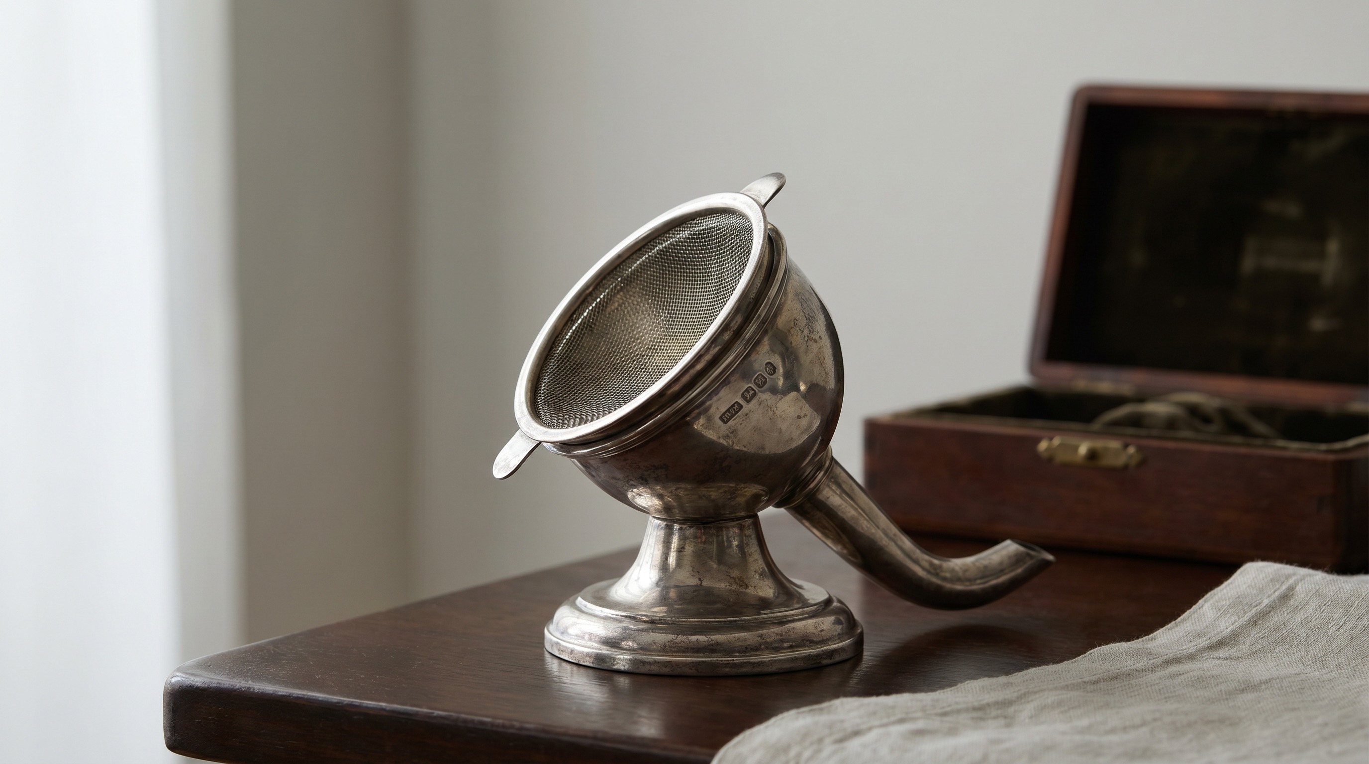 Antique sterling silver wine funnel with detachable strainer — Mozeris Fine Antiques
