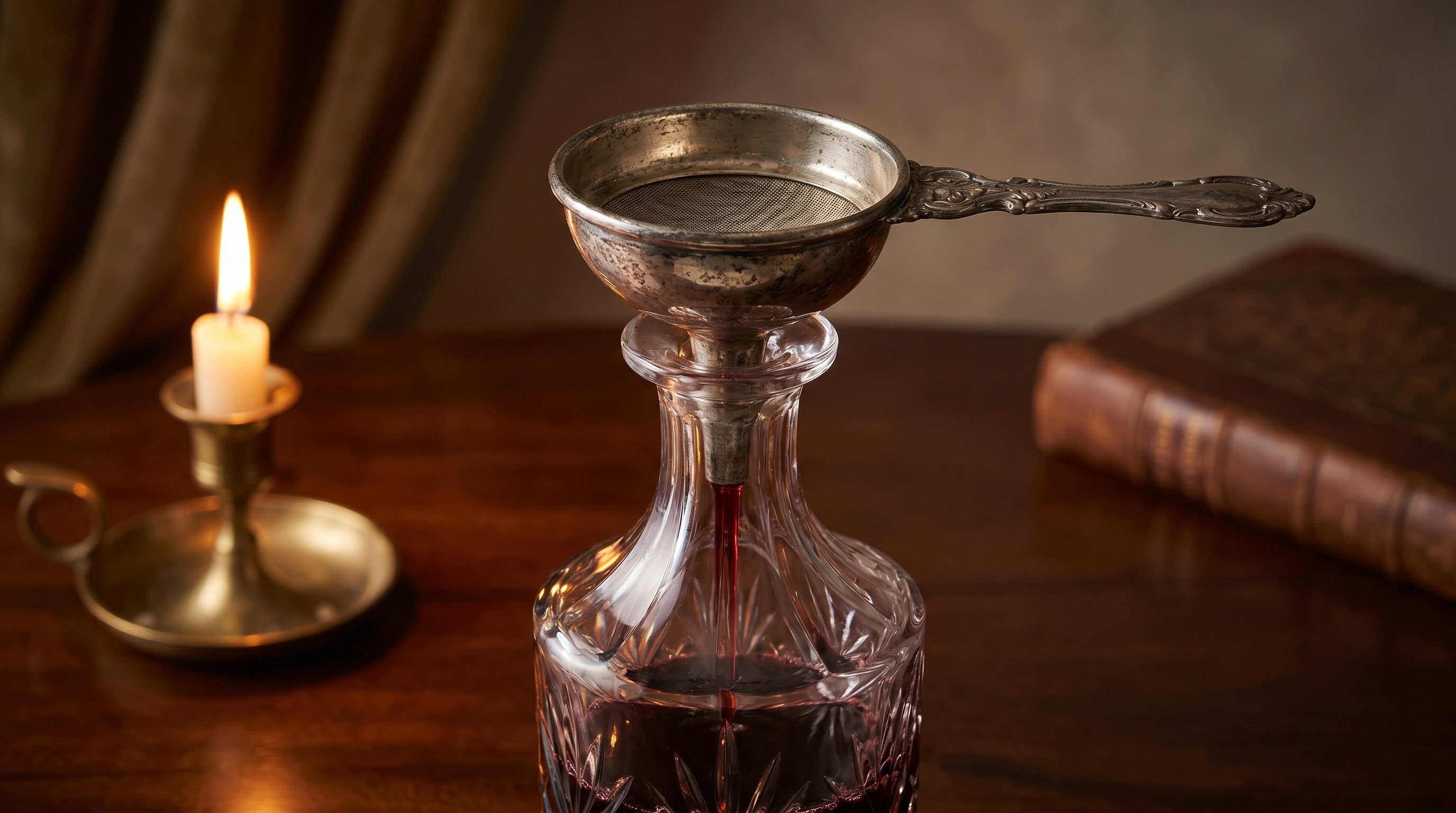 Antique silver wine funnel poised over a crystal decanter