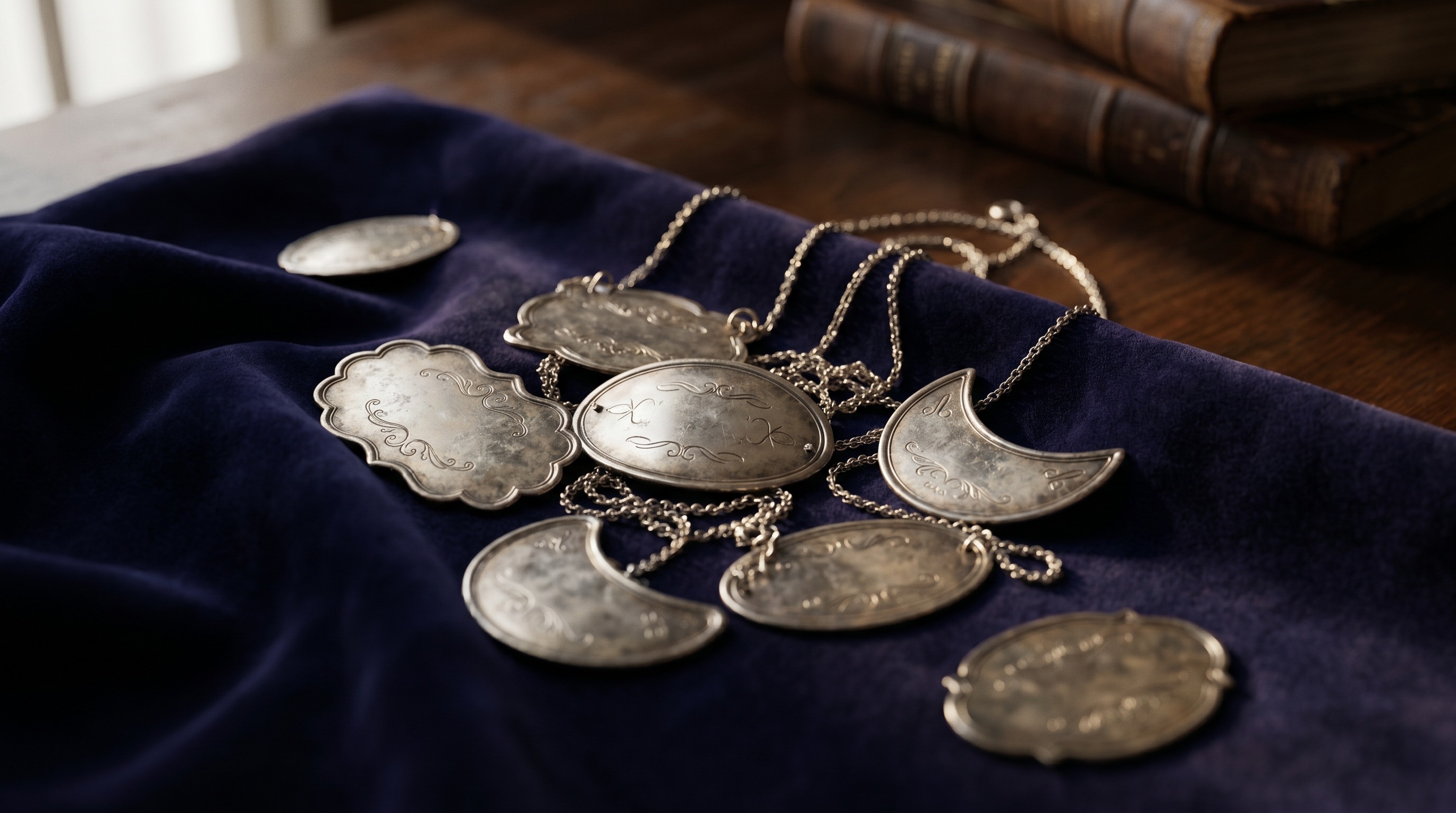 A group of antique silver wine labels on chains
