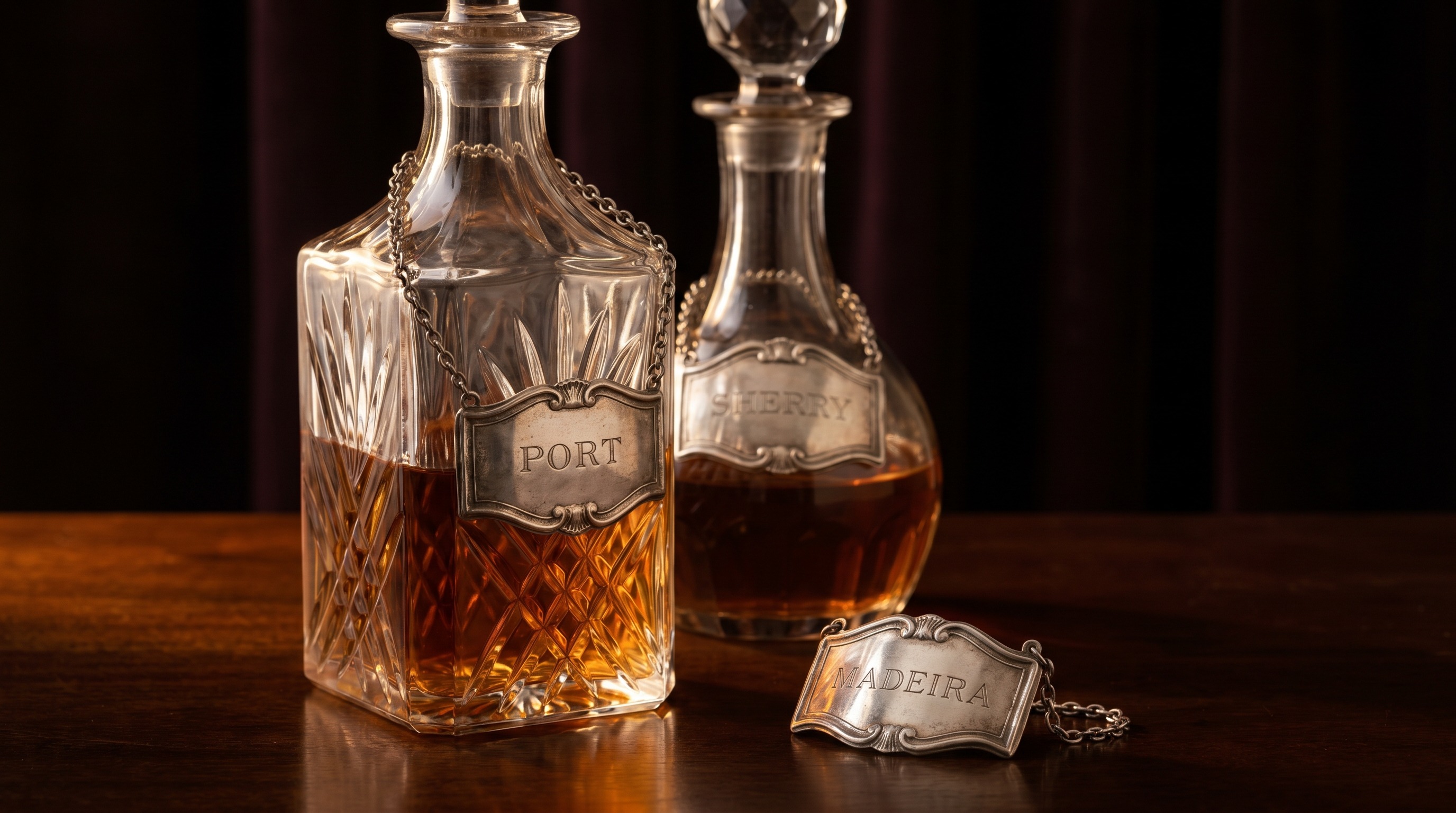 Antique sterling silver wine labels on decanters — Mozeris Fine Antiques
