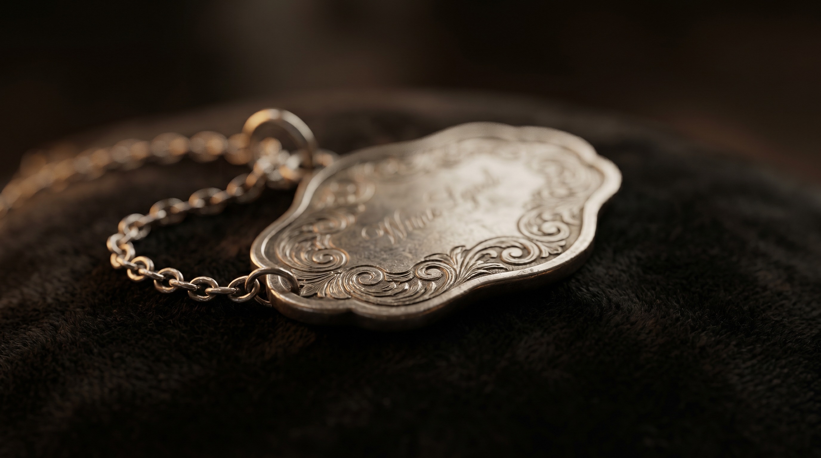 Engraved antique silver wine label on a chain