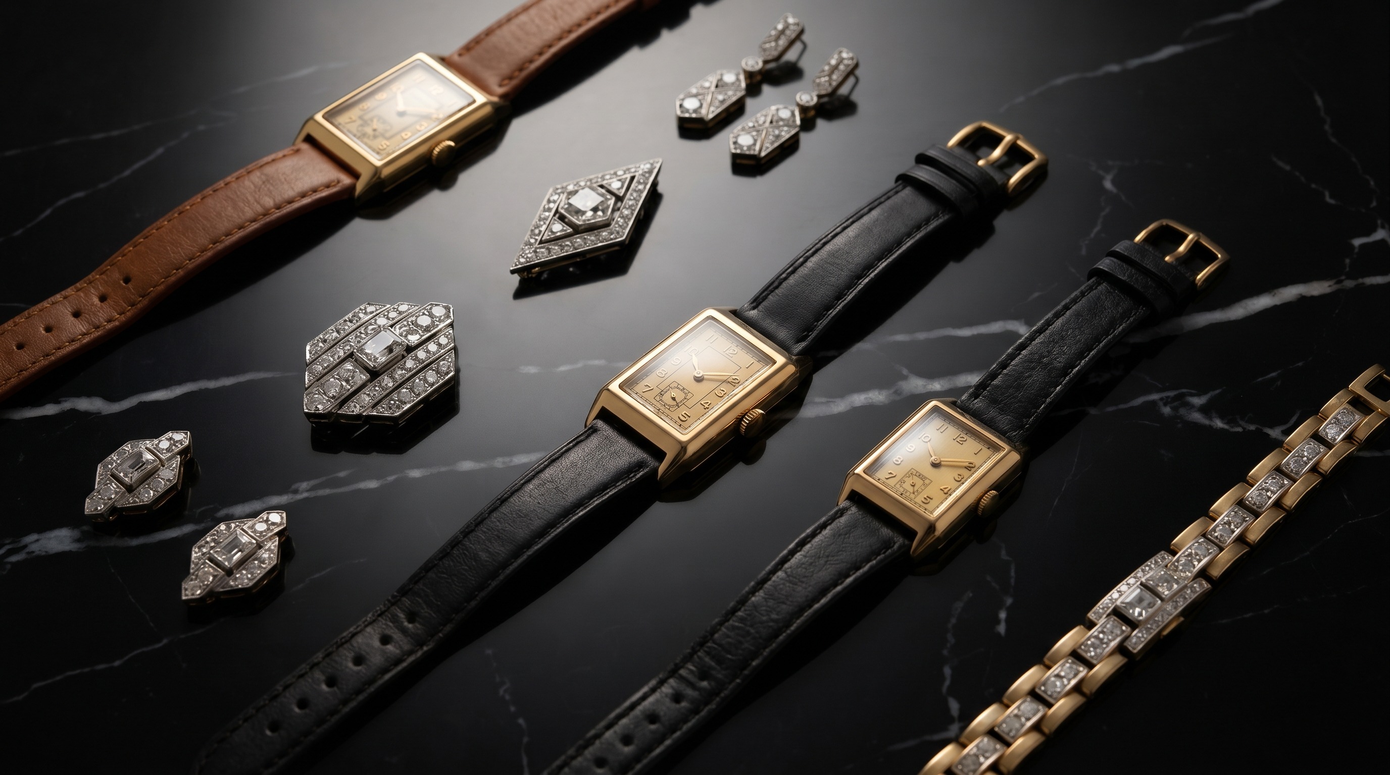 Several Art Deco gold watches and geometric diamond jewellery on black marble