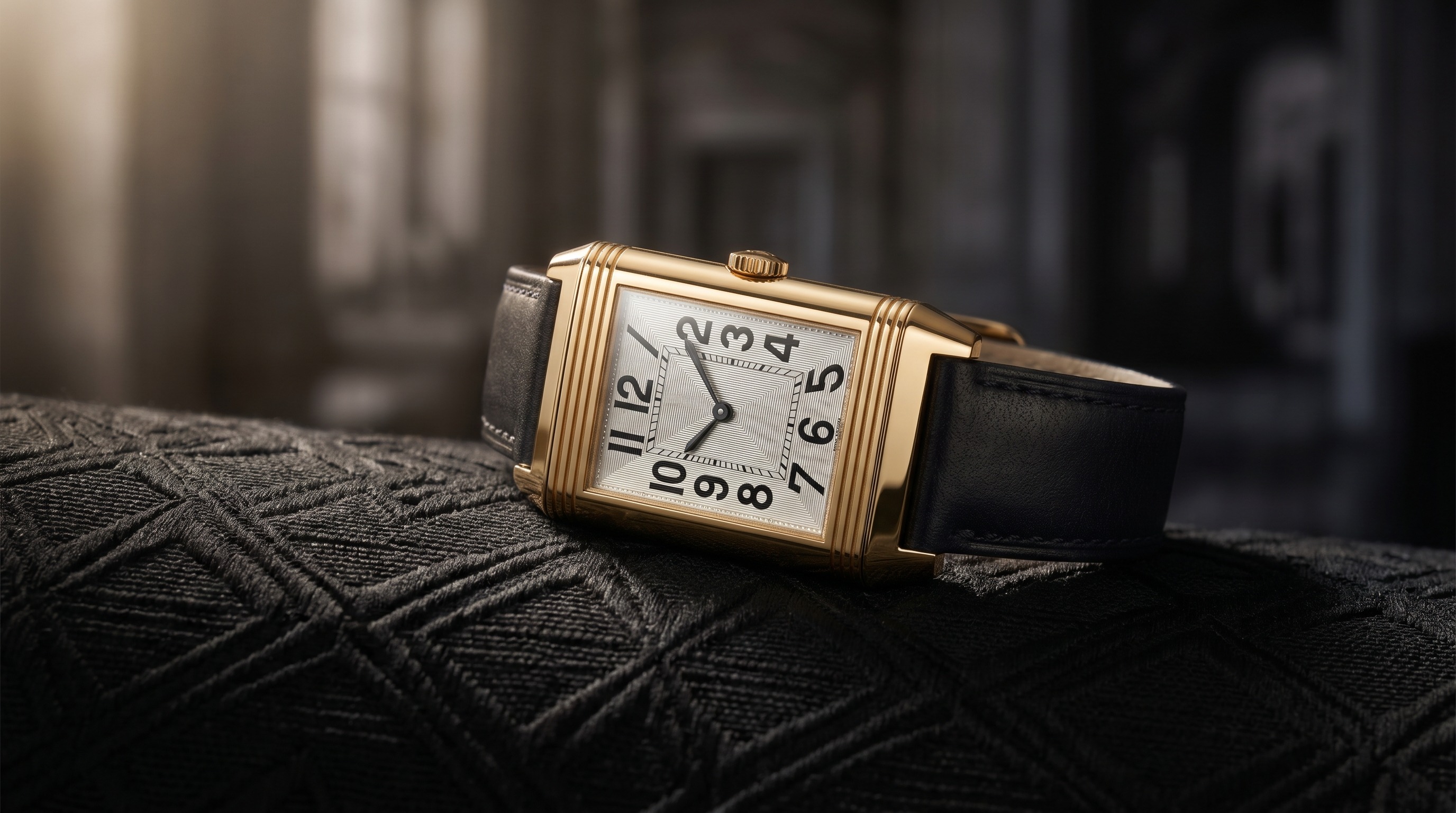 Rectangular Art Deco gold wristwatch with stepped case and geometric dial — Mozeris Fine Antiques