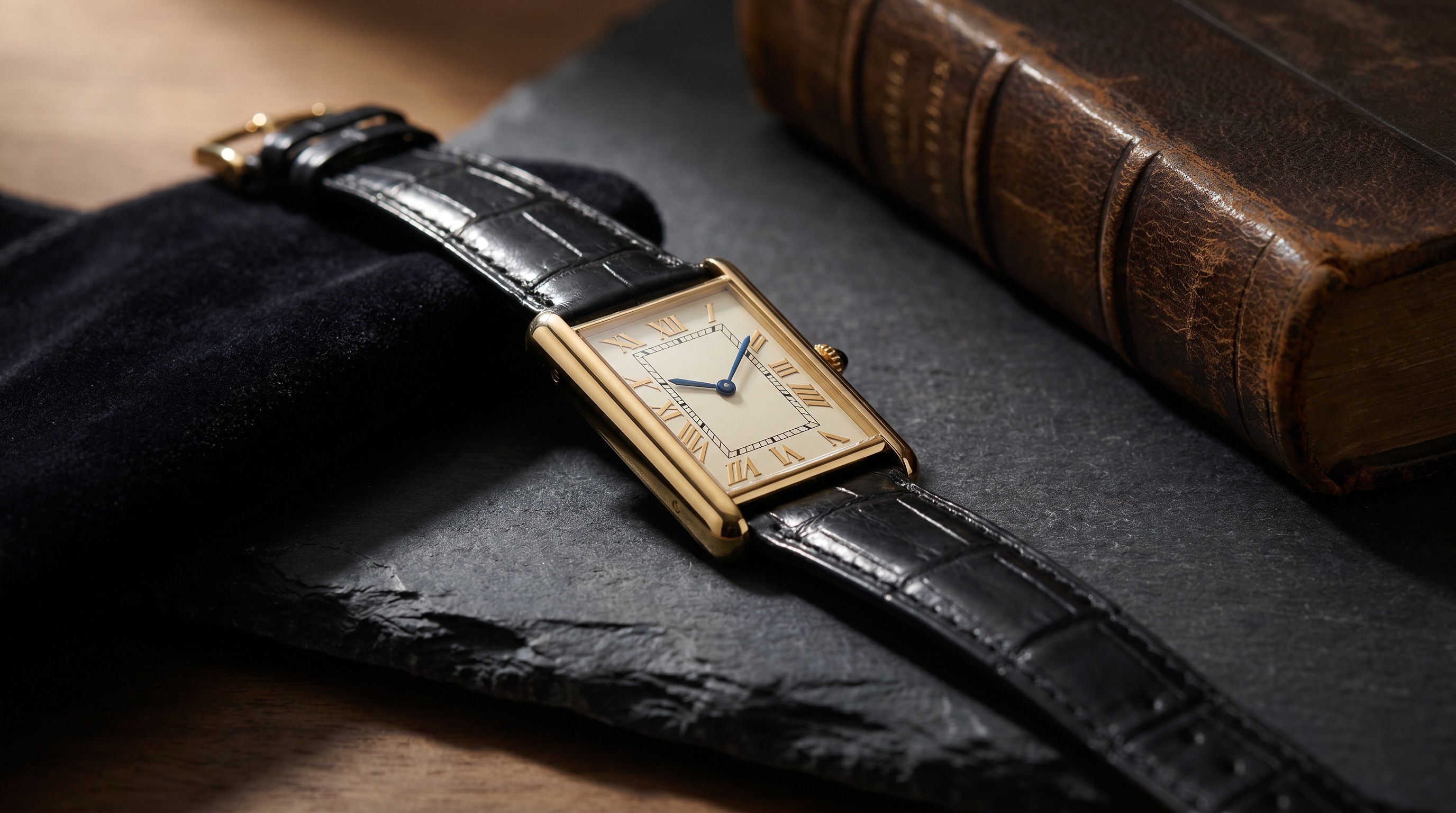 Elongated rectangular tank-style Art Deco gold watch on a slim black strap