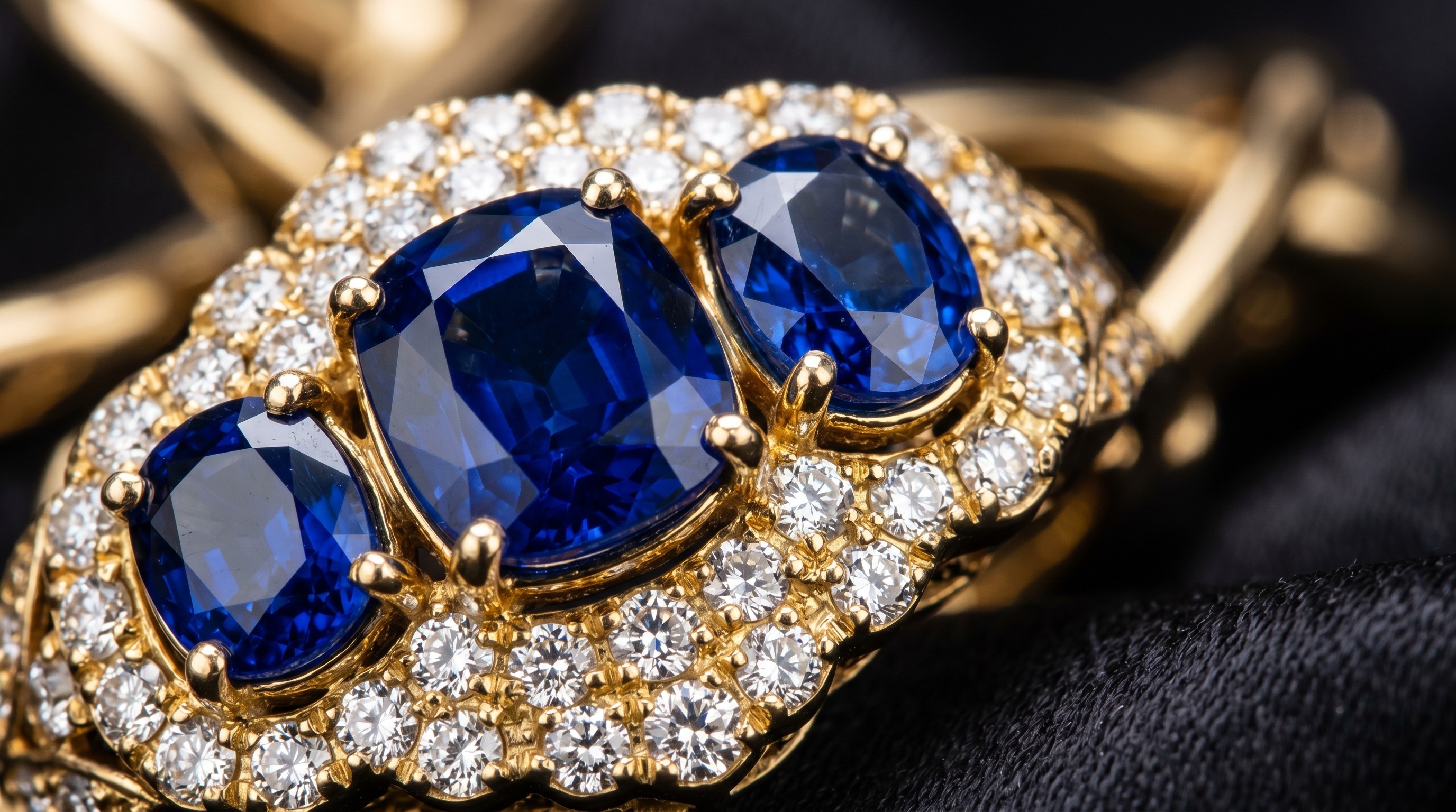 Close-up of sapphires and diamonds in an Asprey gold setting