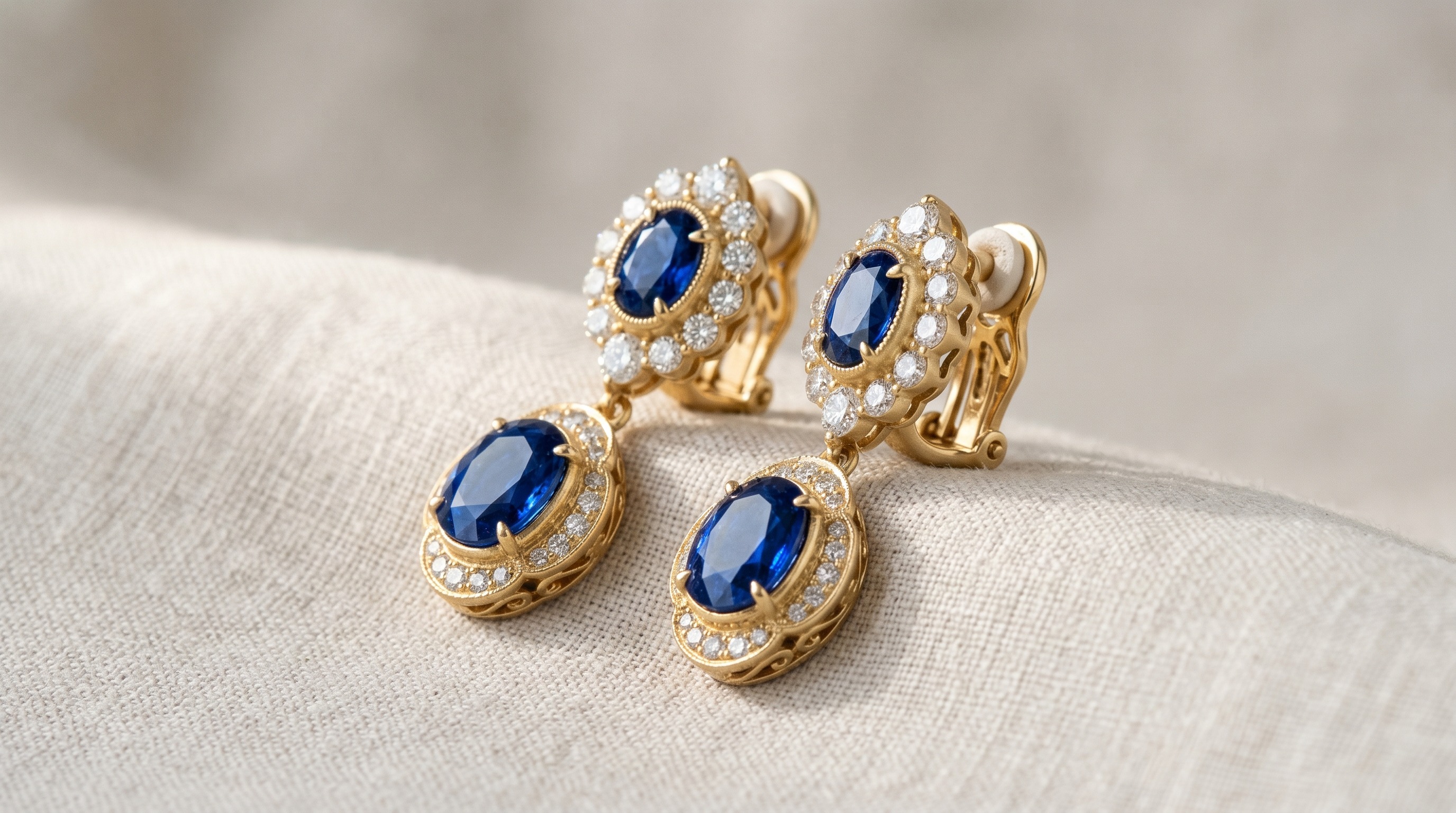 Asprey 18ct gold sapphire and diamond clip-on earrings — Mozeris Fine Antiques