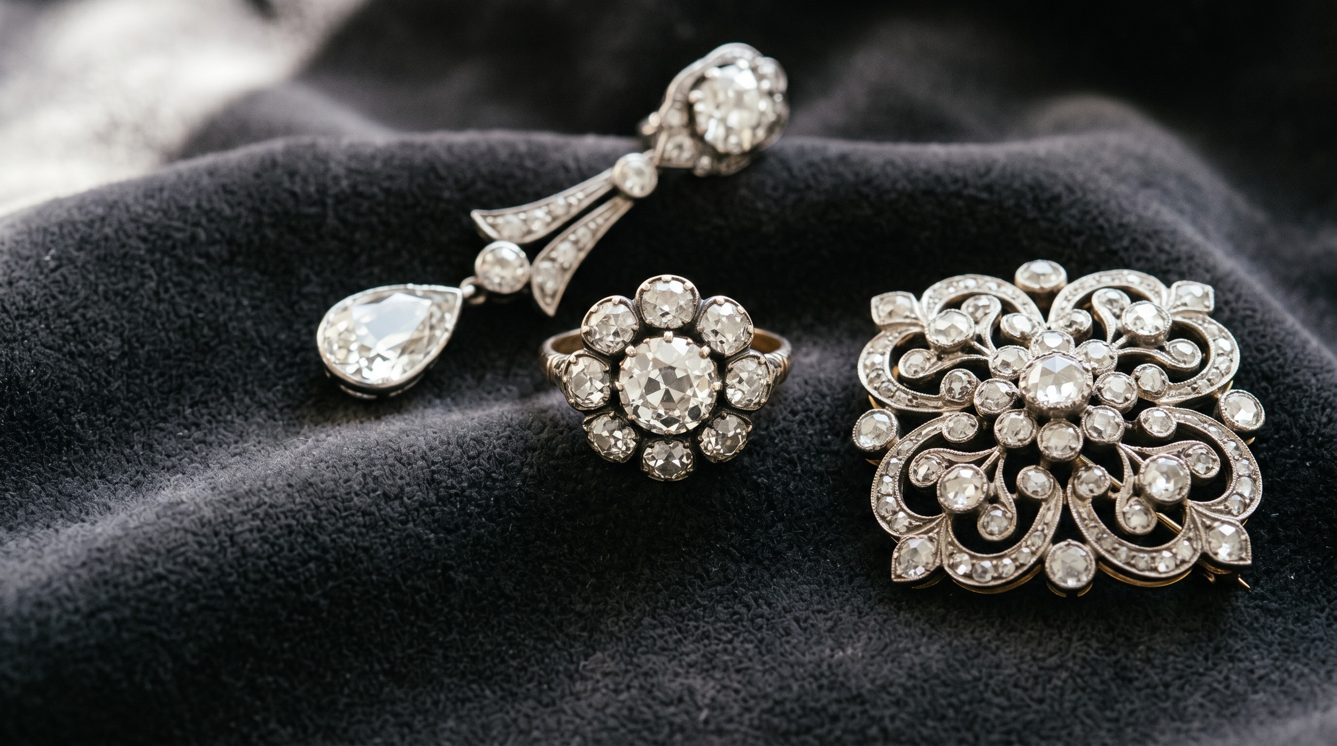 Flat lay of antique diamond jewellery including rings, a brooch and earrings on dark fabric
