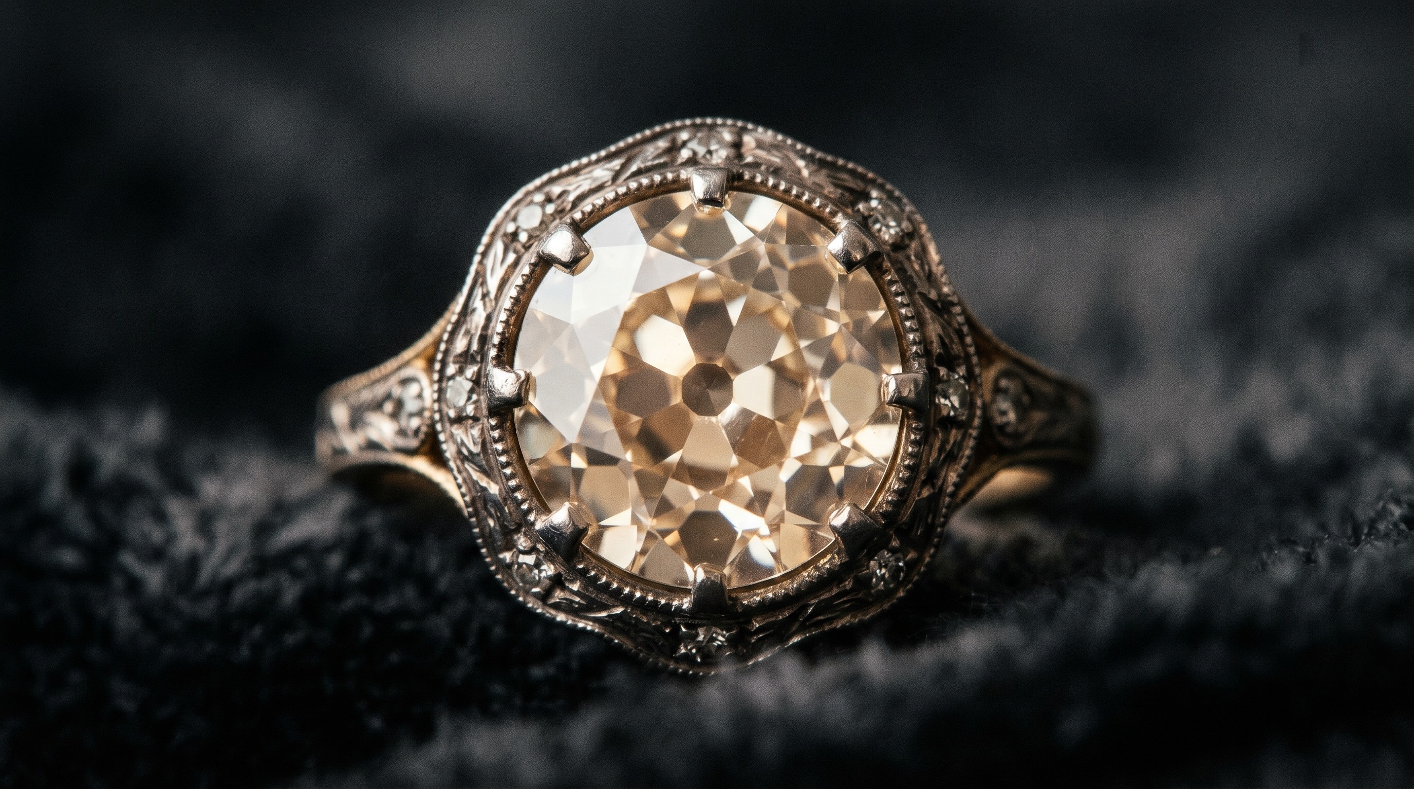 Macro of an antique old European cut diamond showing soft facets and warm character