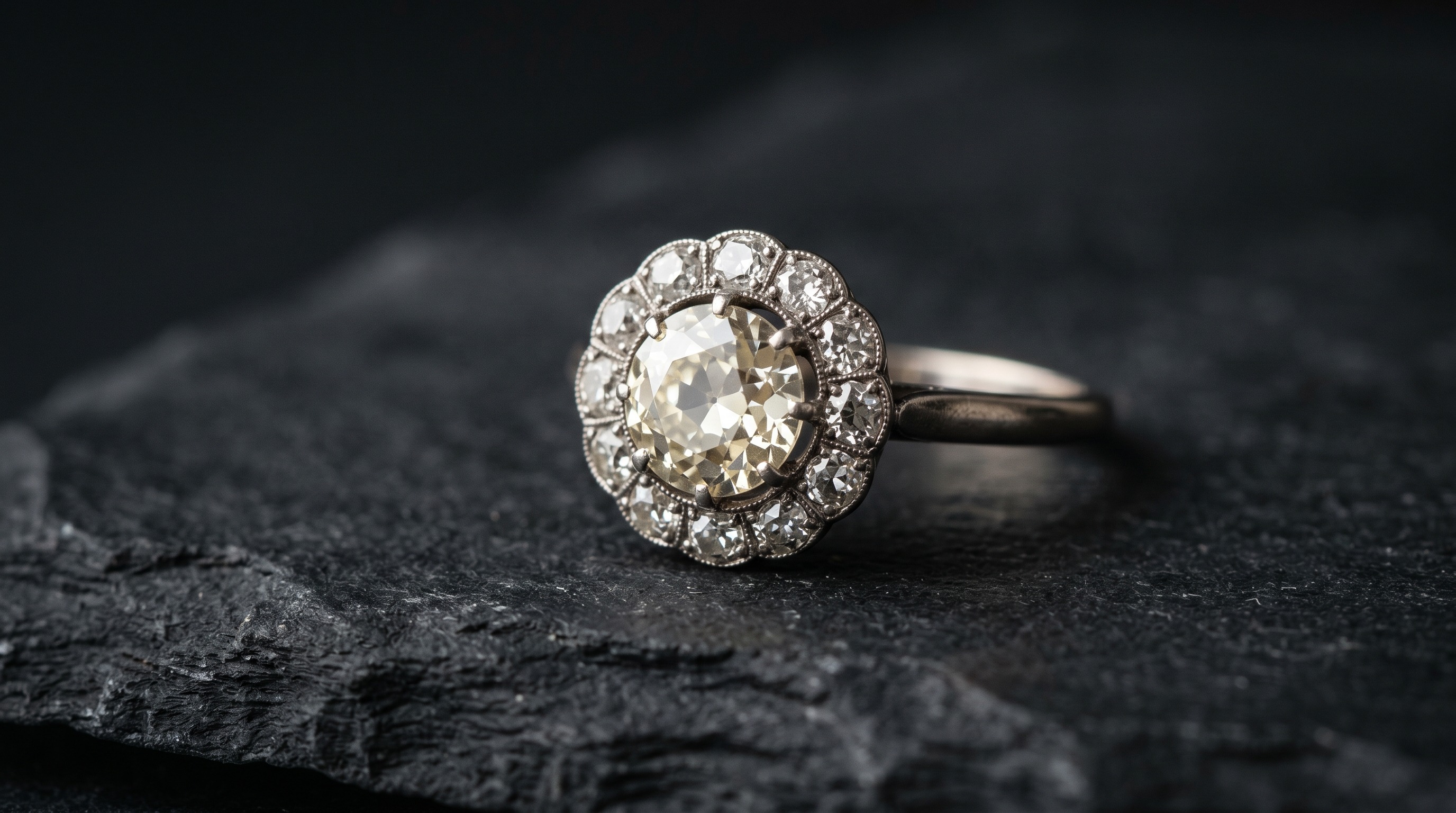 Antique old-cut diamond cluster ring, the April birthstone, on a dark editorial background