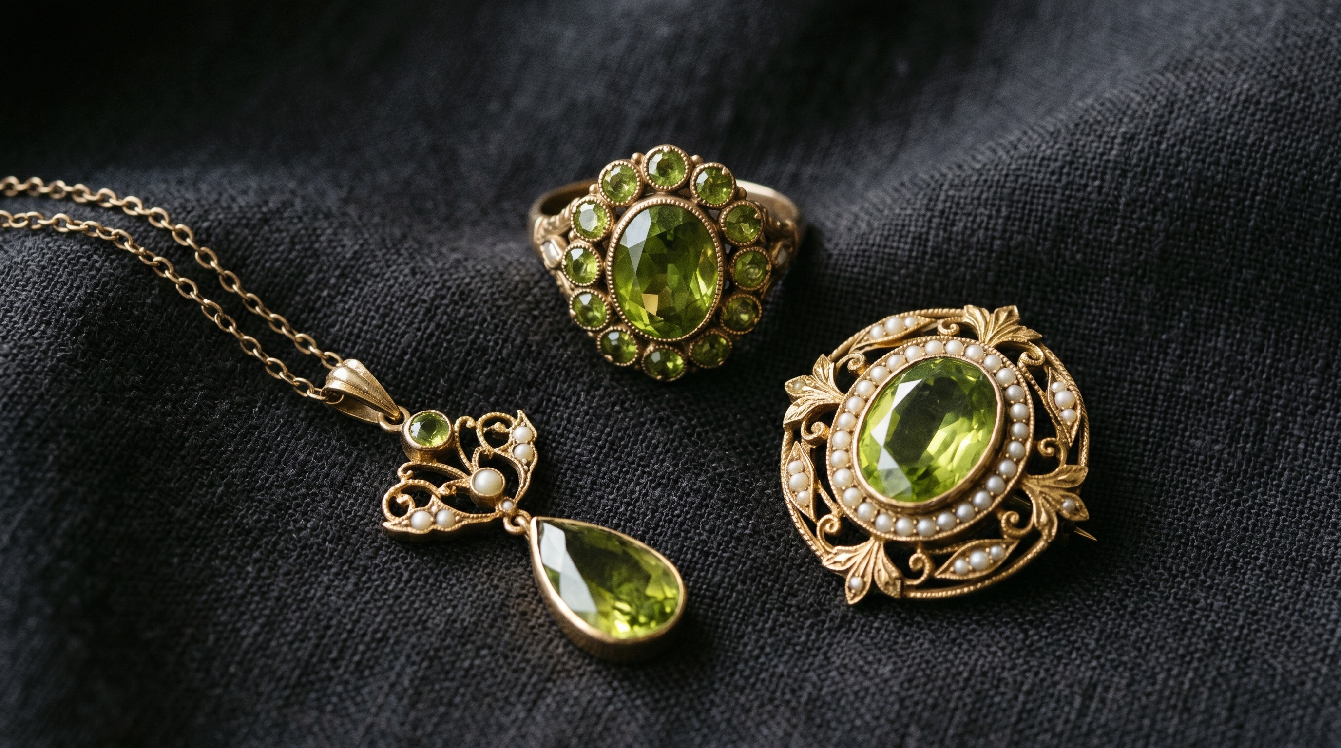 Flat lay of antique peridot jewellery including a ring, brooch and pendant on dark fabric