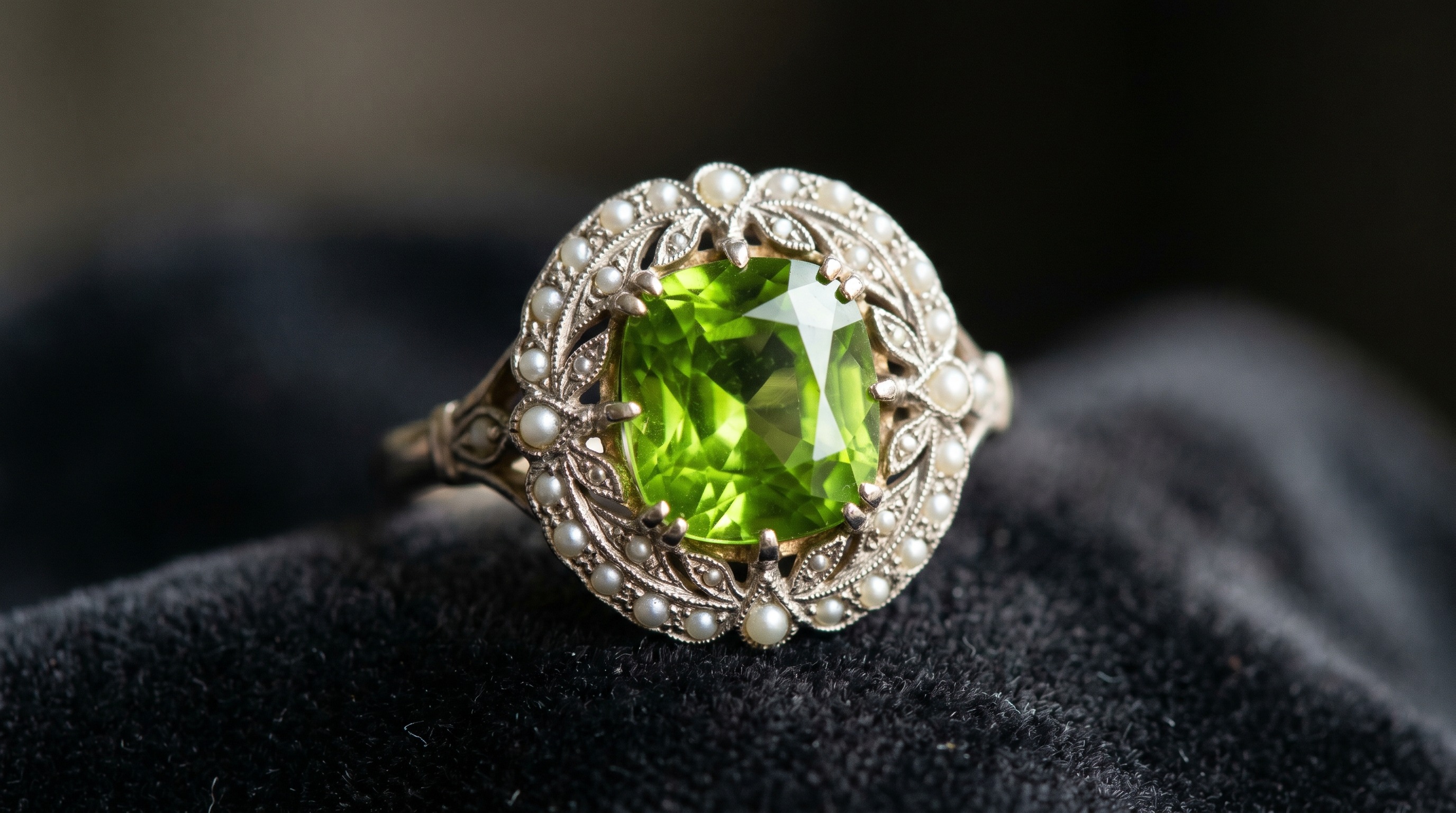 Macro of a vivid yellow-green peridot set with seed pearls in an antique Edwardian mount