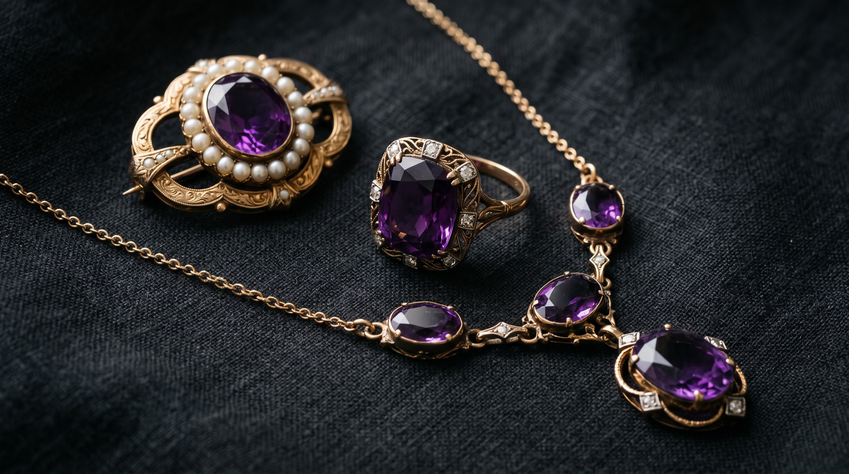 Flat lay of antique amethyst jewellery including a ring, brooch and necklace on dark fabric