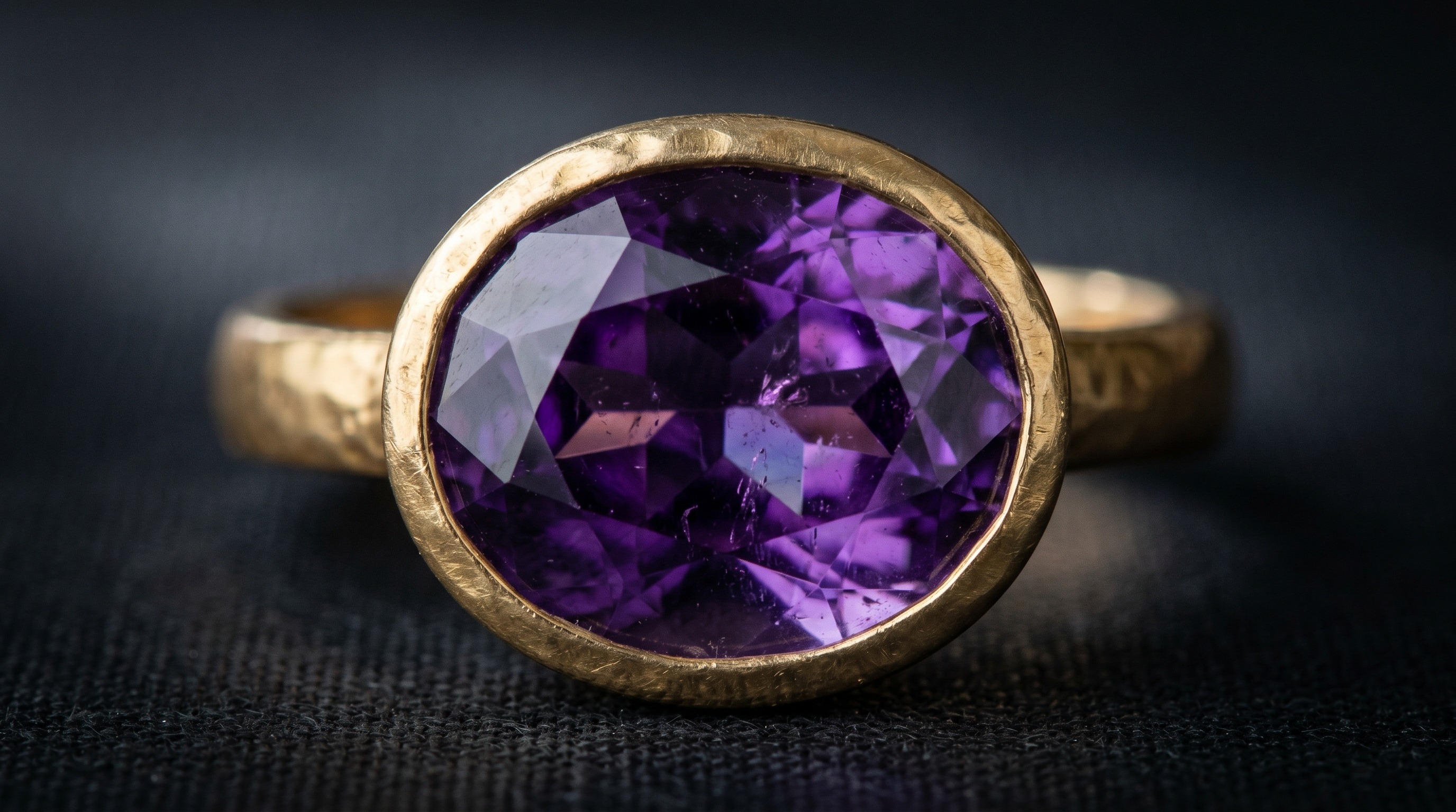 Macro of a deep purple amethyst in an antique gold rubover setting