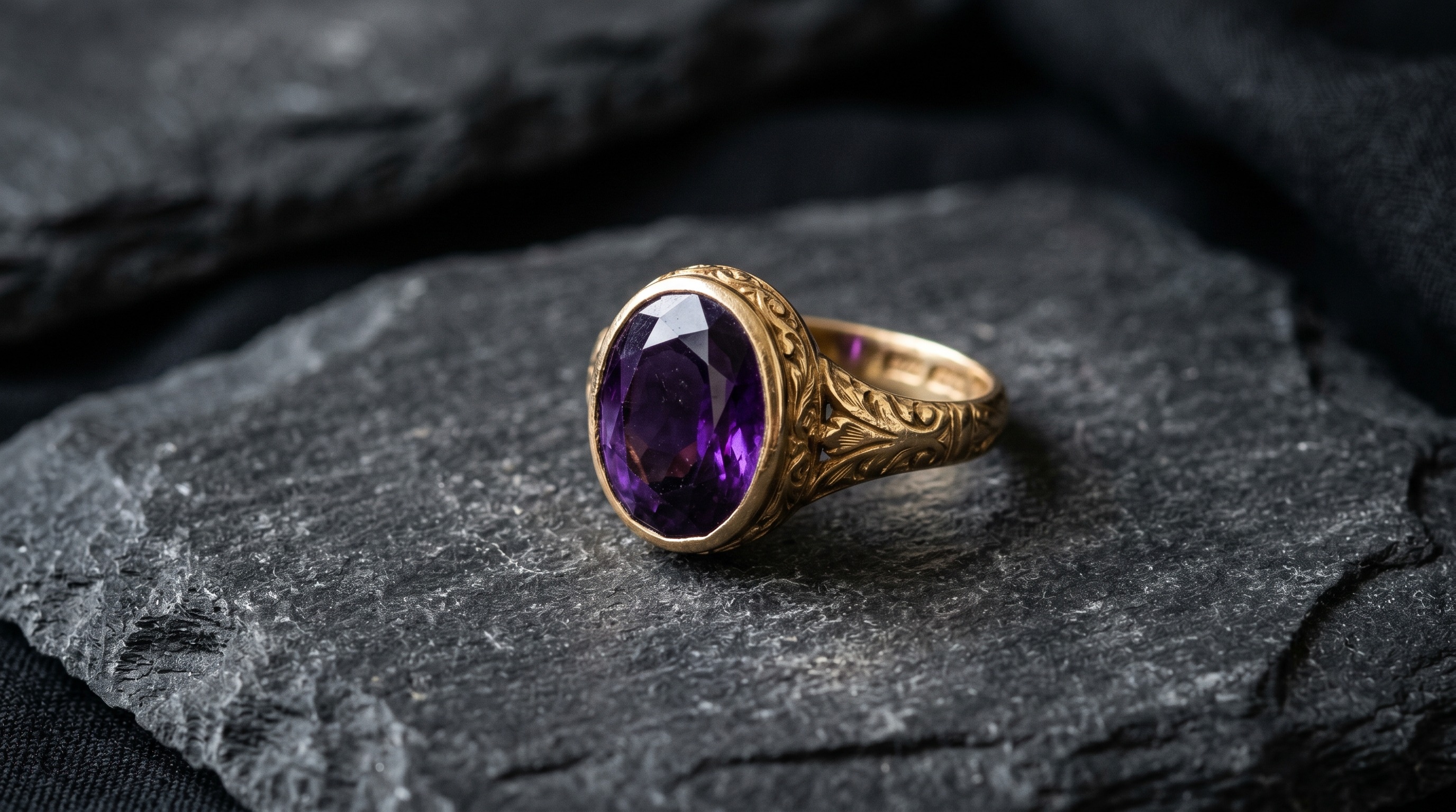 Antique amethyst and gold ring, the February birthstone, on a dark editorial background