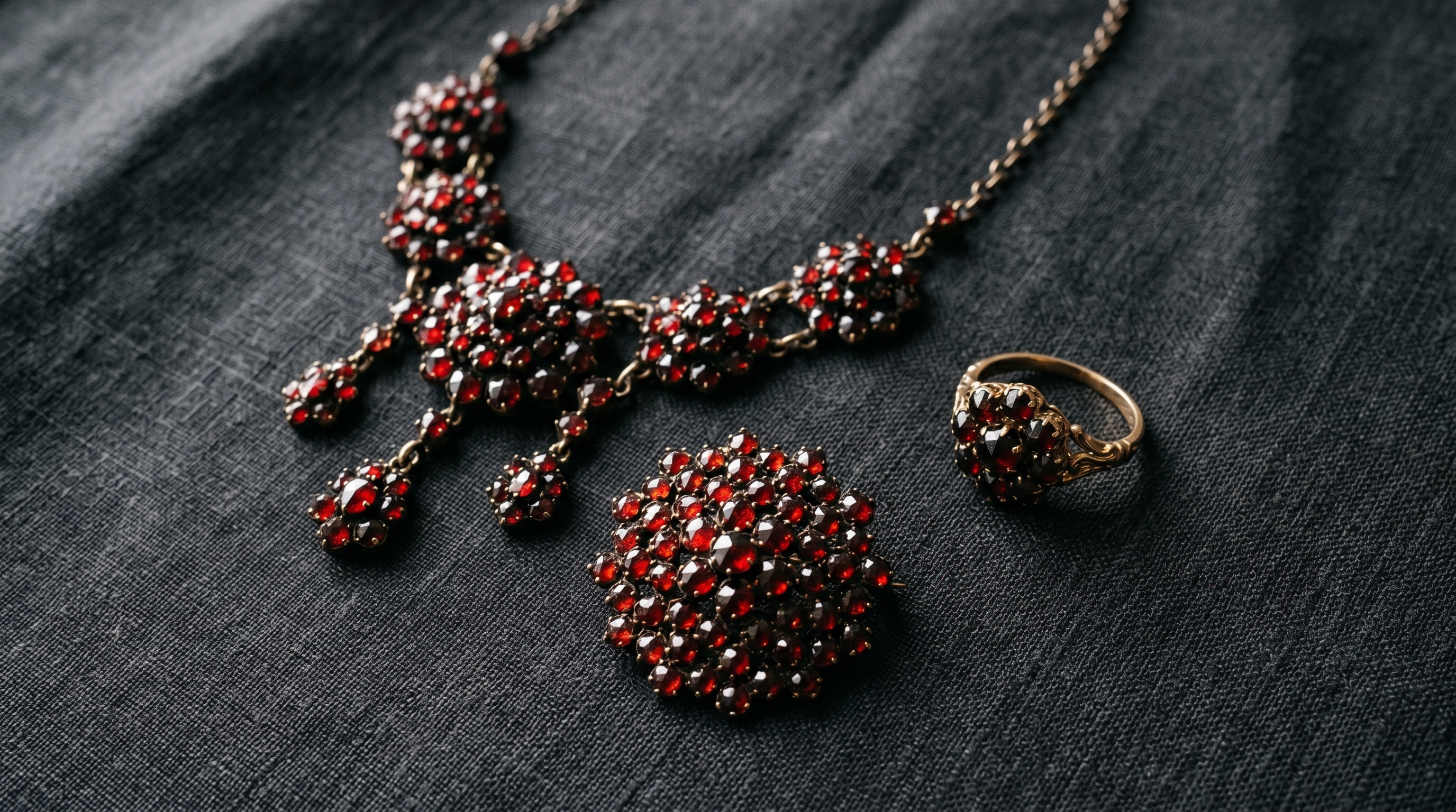 Flat lay of antique garnet jewellery including a ring, brooch and necklace on dark fabric