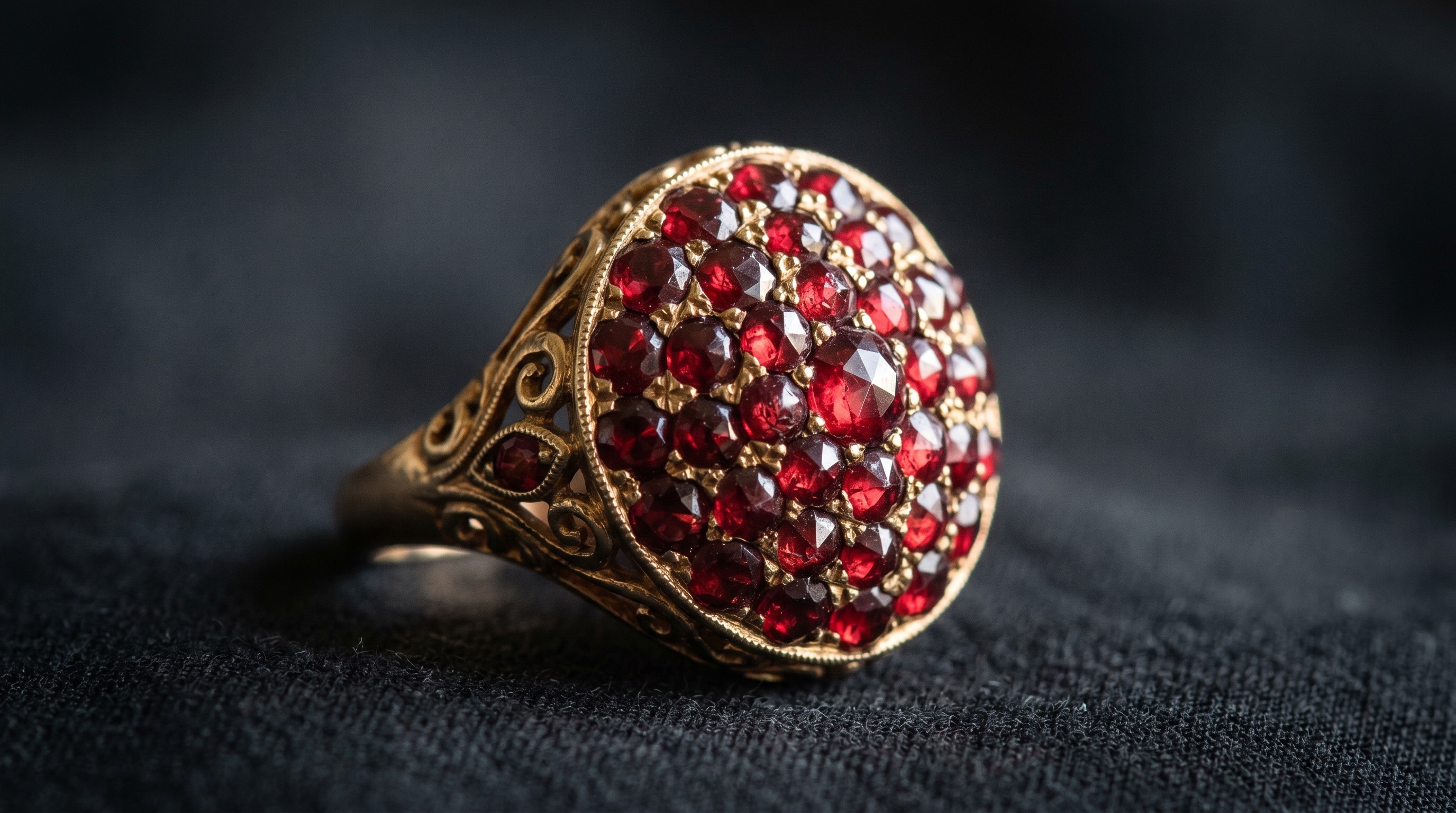 Macro of deep red garnets pavé-set in an antique Bohemian-style mount