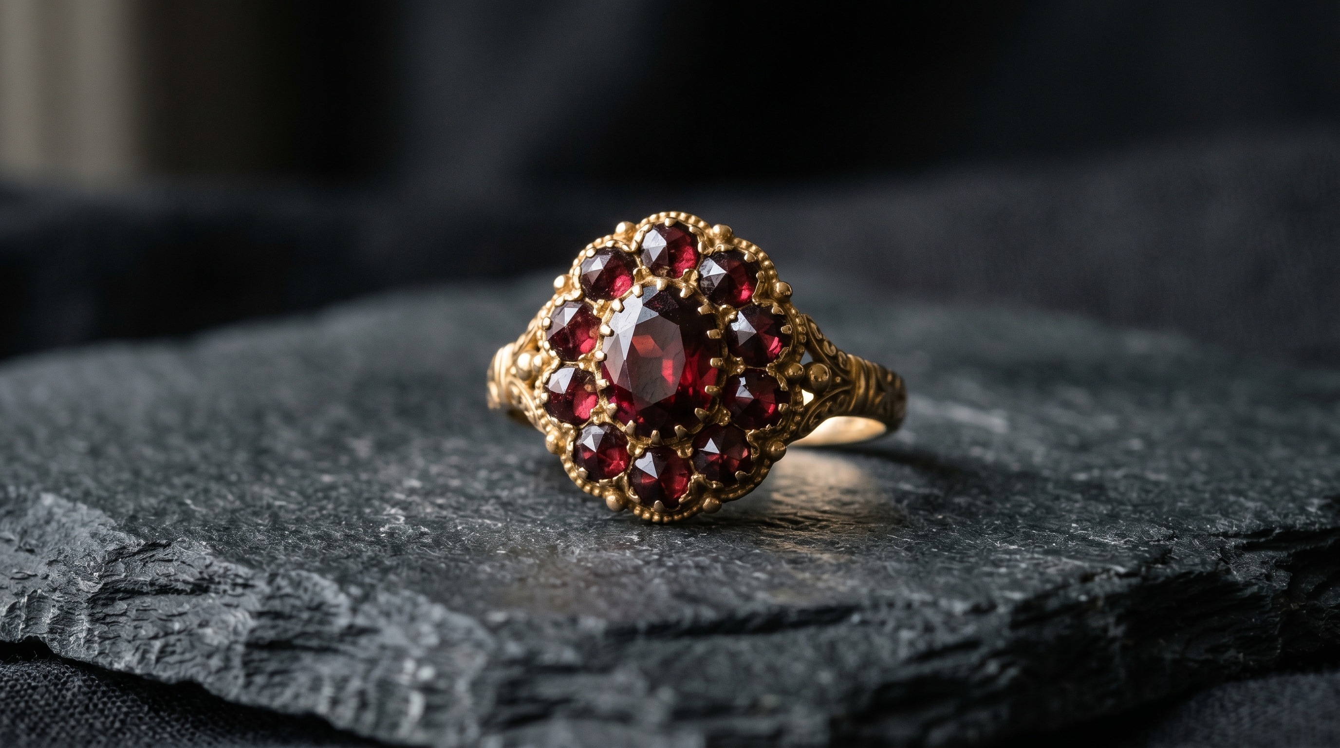 Antique garnet cluster ring, the January birthstone, on a dark editorial background