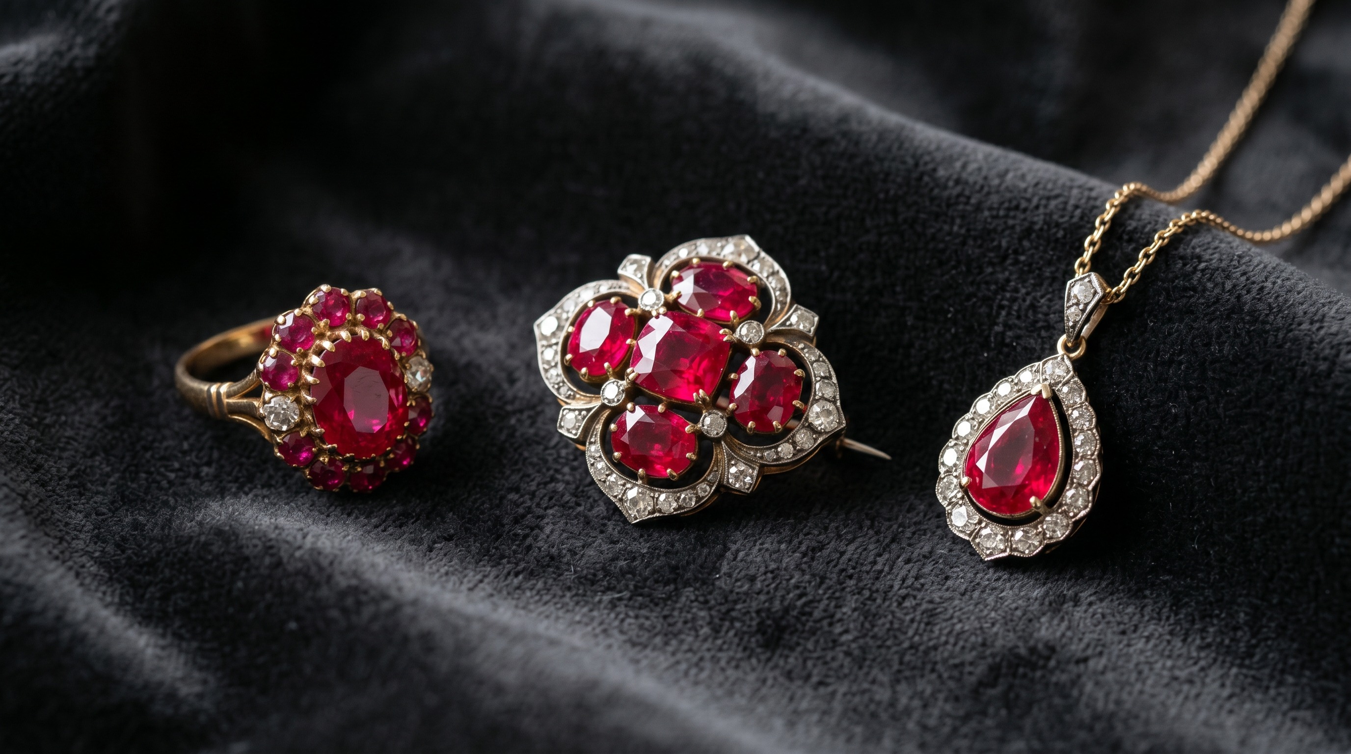 Flat lay of antique ruby jewellery including a ring, brooch and pendant on dark fabric