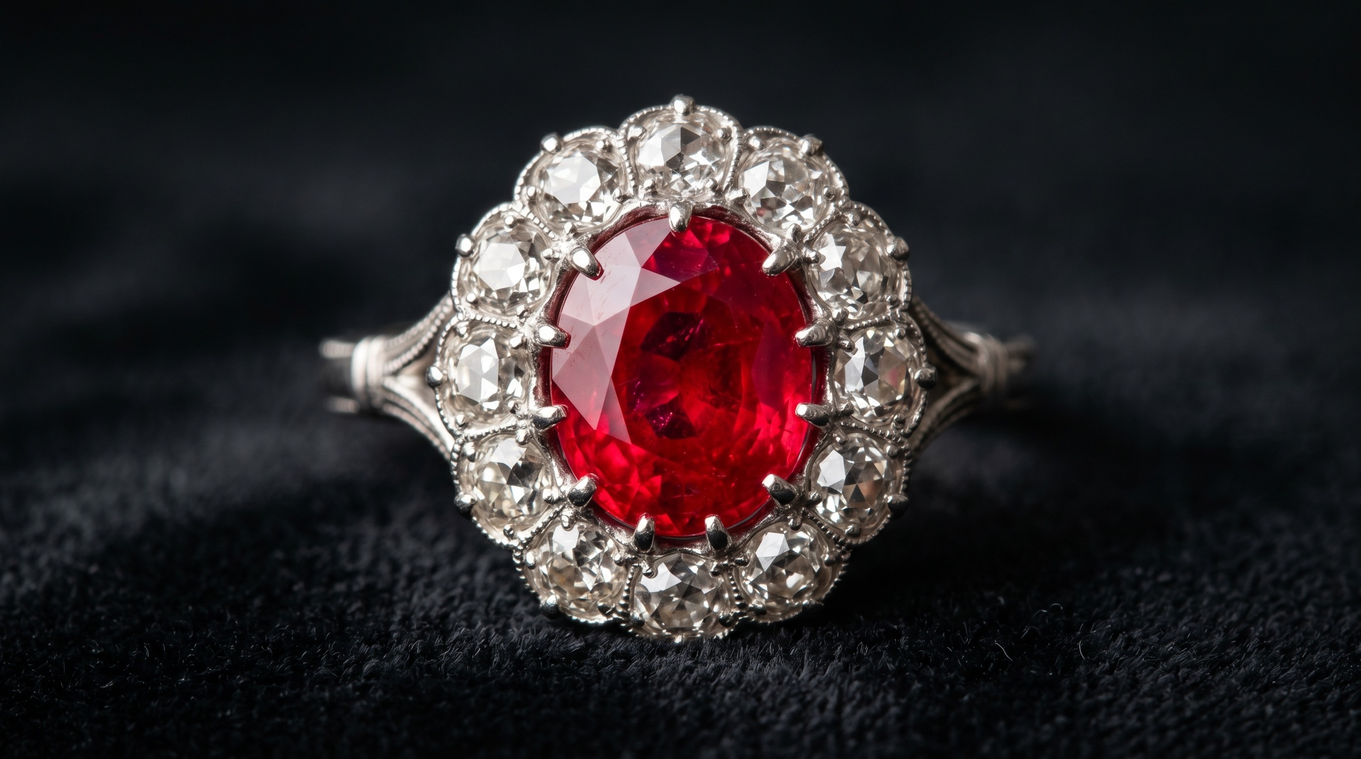 Macro of a vivid red ruby surrounded by old-cut diamonds in an antique setting