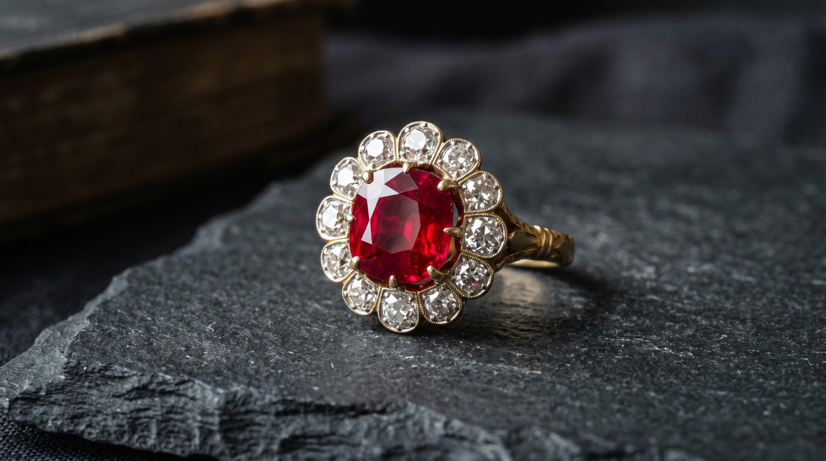 Antique ruby and diamond cluster ring, the July birthstone, on a dark editorial background