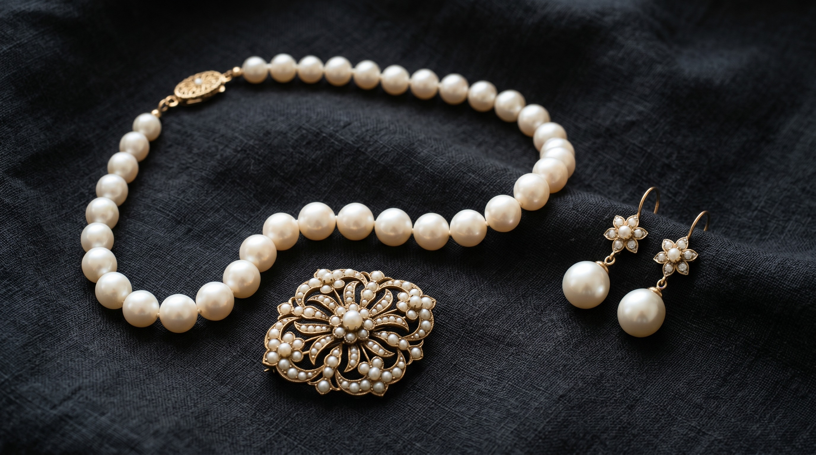 Flat lay of antique pearl jewellery including a necklace, brooch and earrings on dark fabric