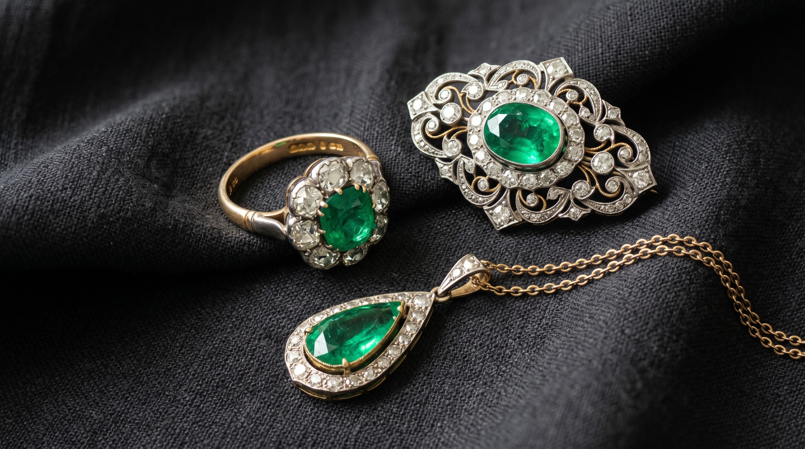 Flat lay of antique emerald jewellery including a ring, brooch and pendant on dark fabric
