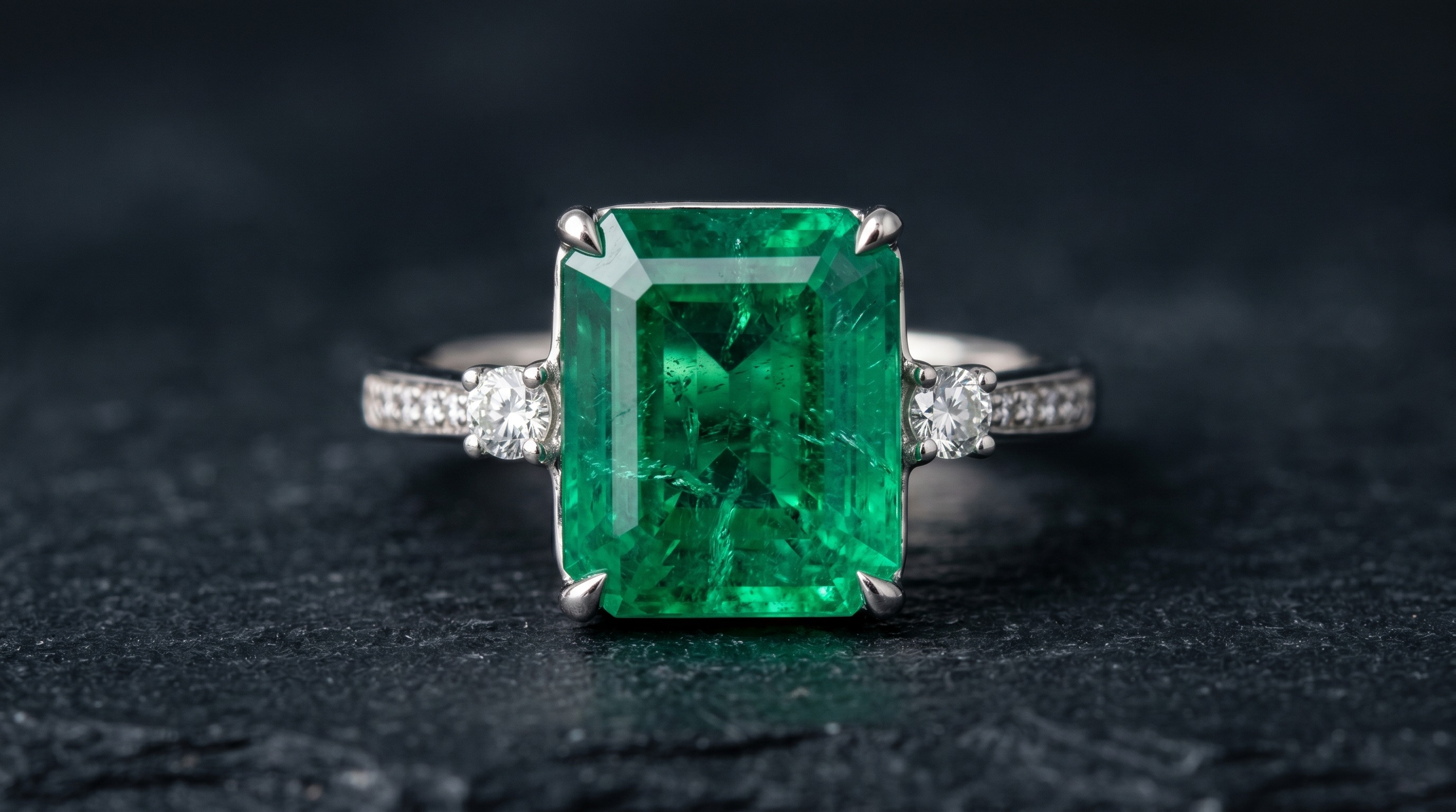 Macro of a vivid green emerald-cut emerald showing natural inclusions, set with diamonds