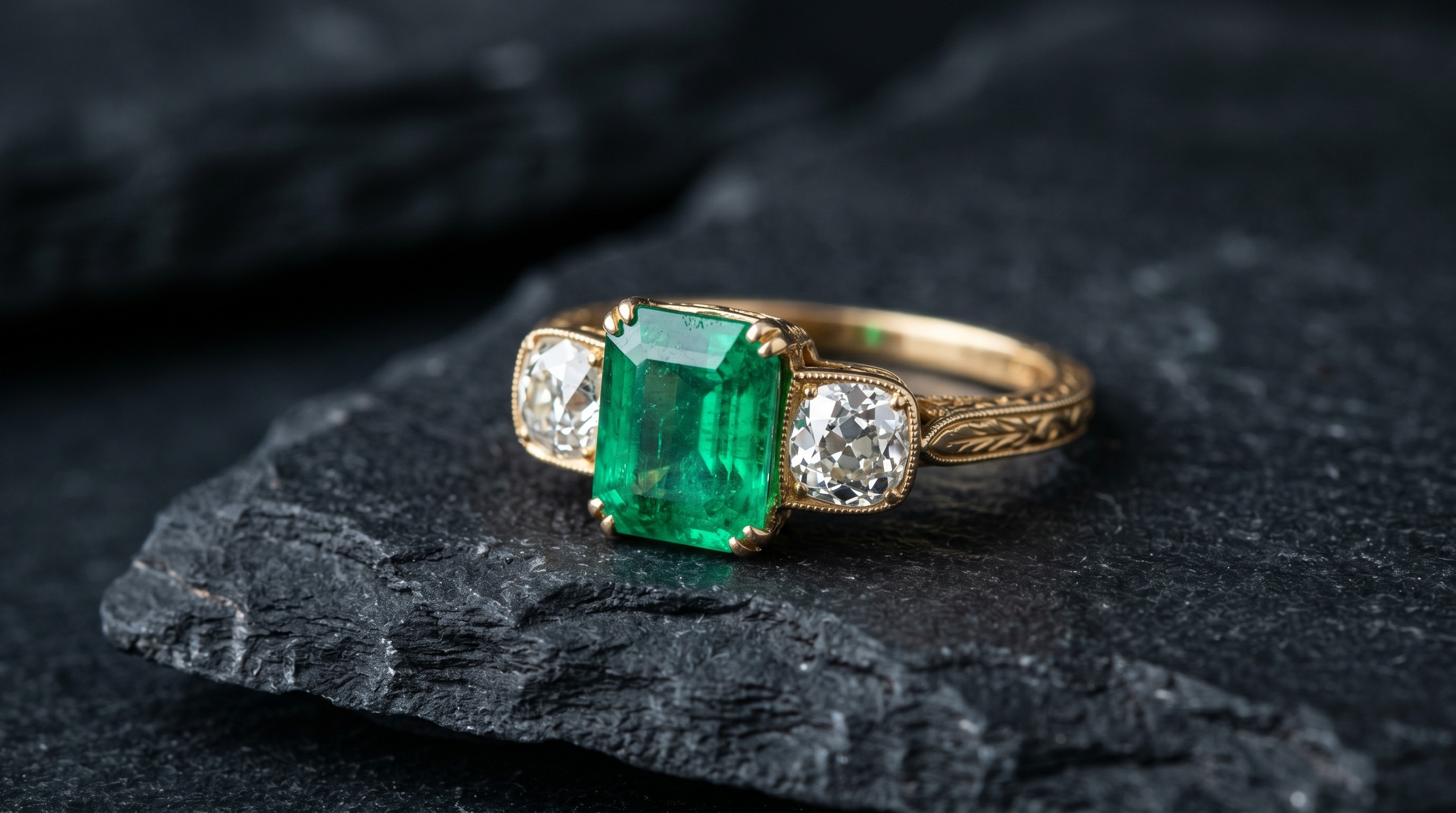 Antique emerald and diamond ring, the May birthstone, on a dark editorial background