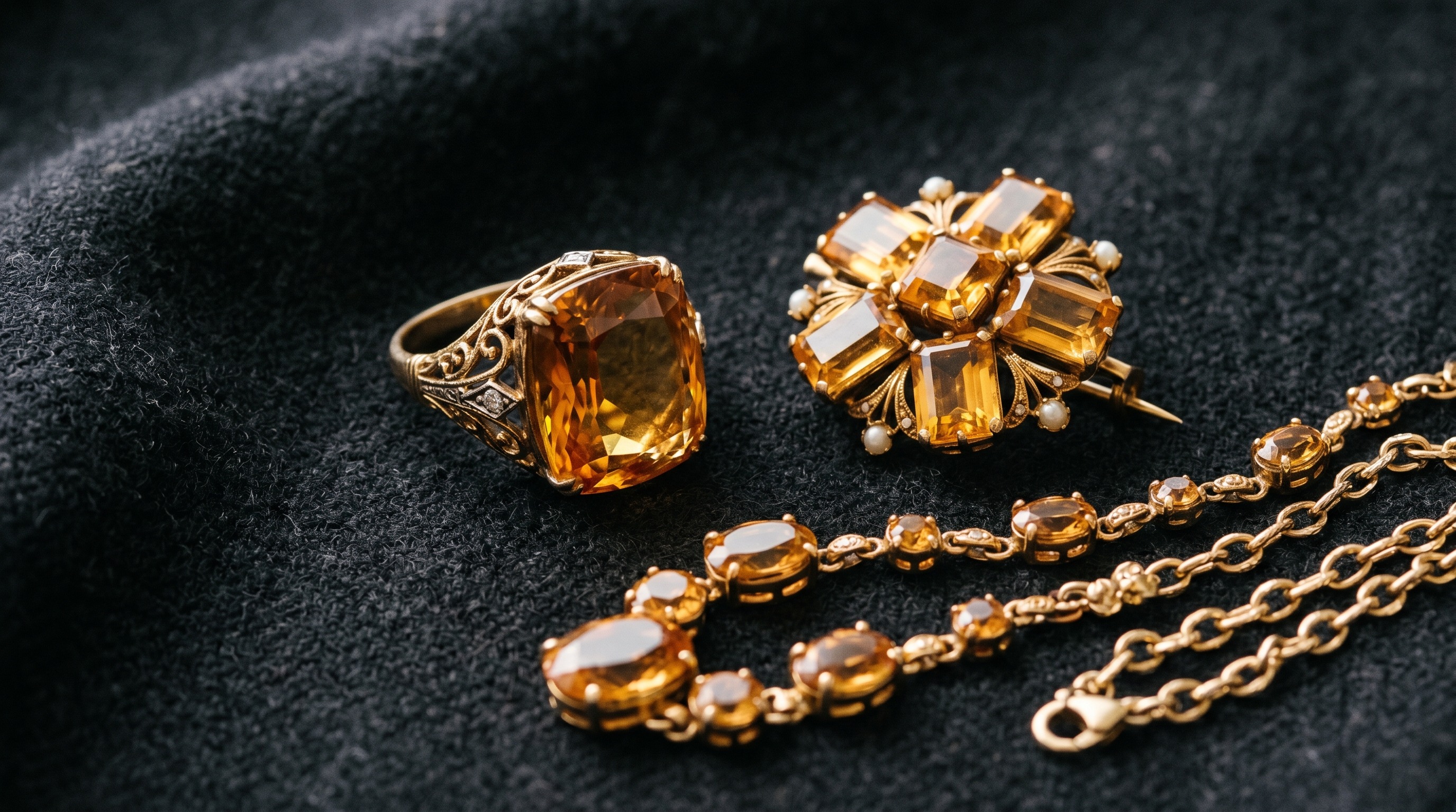 Flat lay of antique topaz jewellery including a ring, brooch and necklace on dark fabric