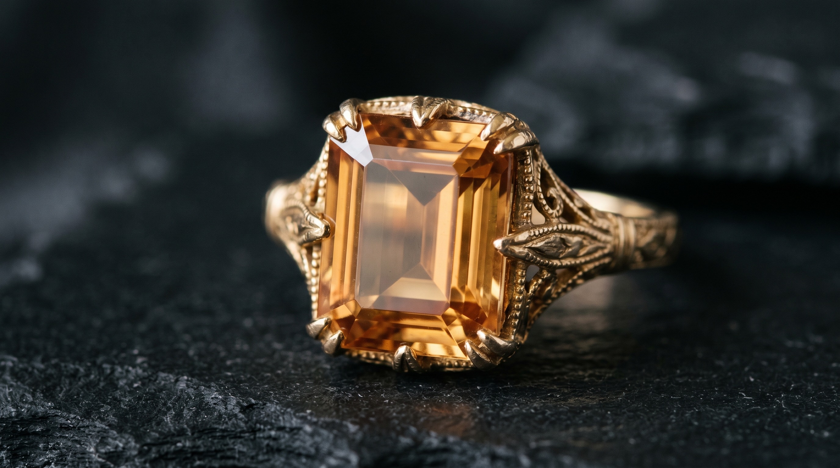 Macro of a warm golden imperial topaz in an antique gold setting