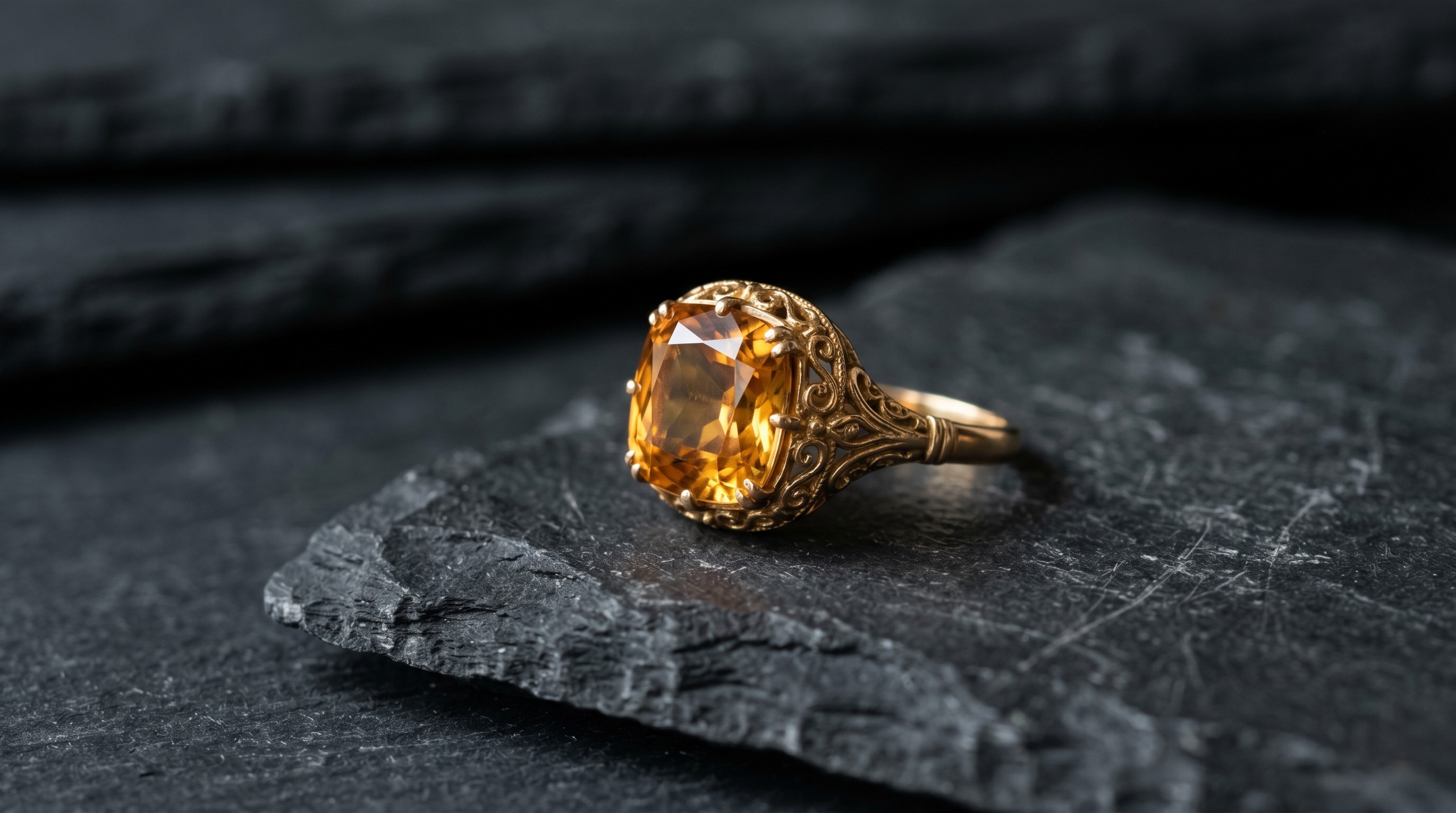 Antique golden topaz and gold ring, the November birthstone, on a dark editorial background