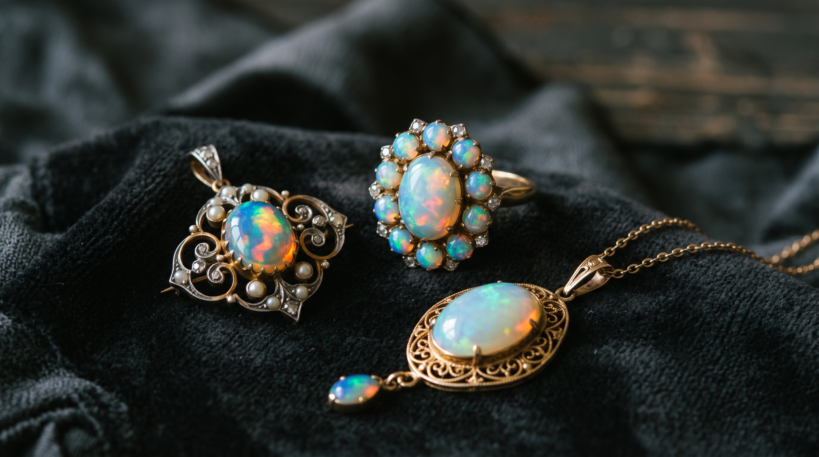 Flat lay of antique opal jewellery including a ring, brooch and pendant on dark fabric