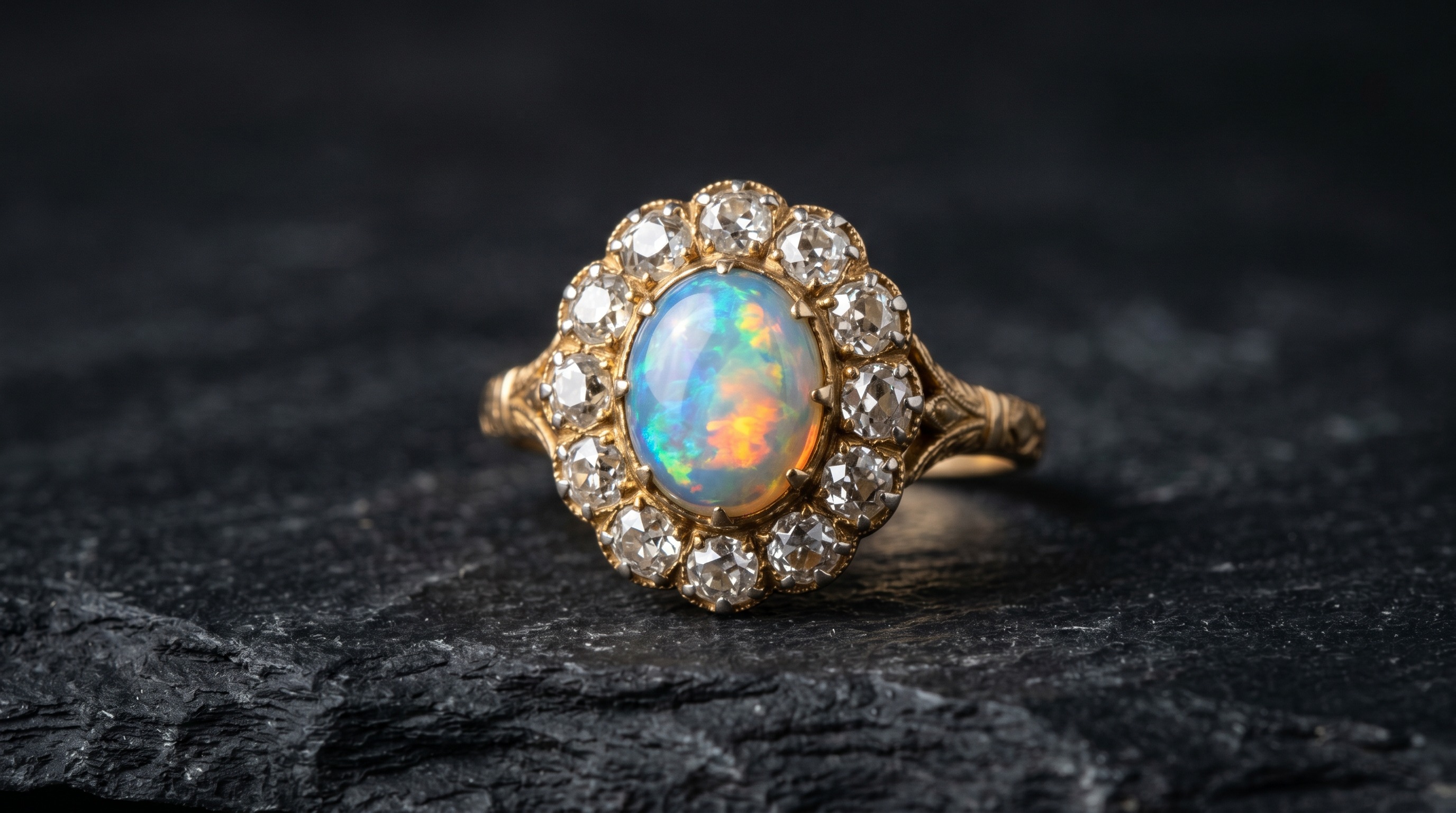 Antique opal and diamond ring, the October birthstone, on a dark editorial background