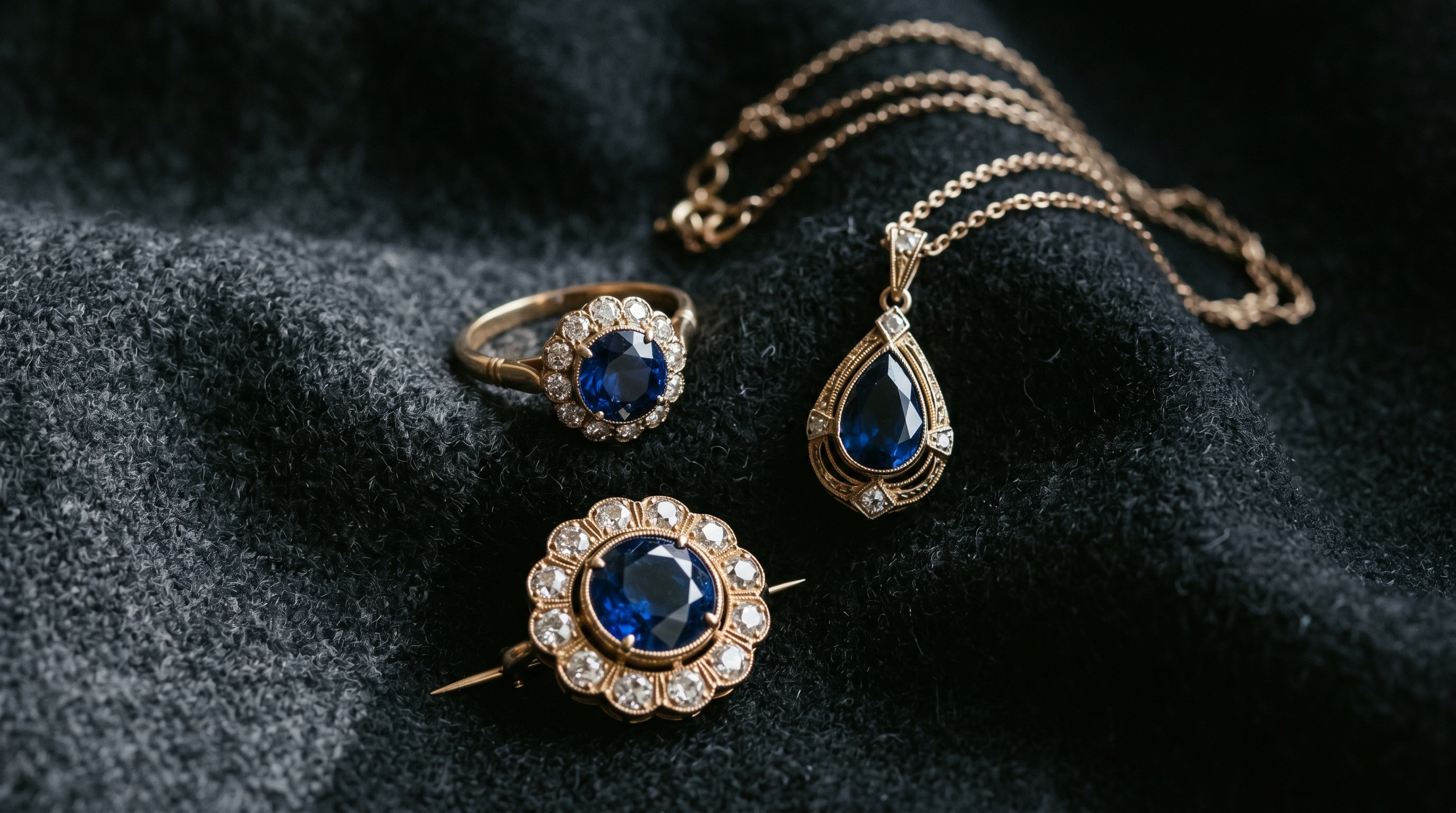 Flat lay of antique sapphire jewellery including a ring, brooch and pendant on dark fabric