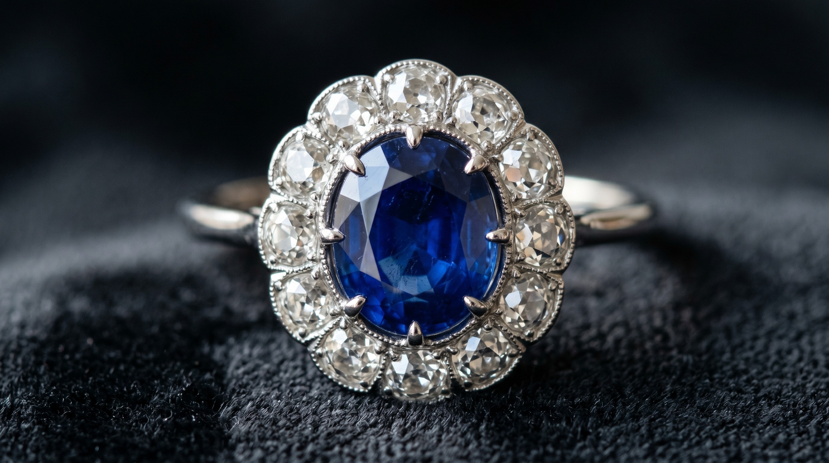 Macro detail of a royal-blue sapphire surrounded by old-cut diamonds in an antique cluster setting