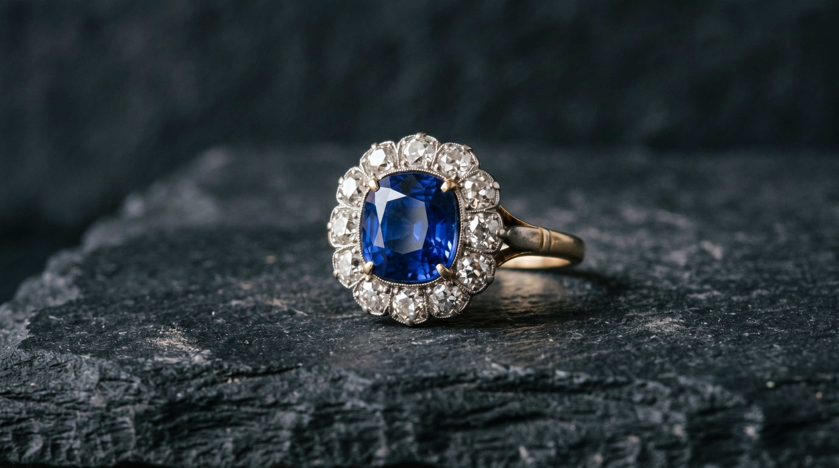 Antique sapphire and old-cut diamond cluster ring, the September birthstone, on a dark editorial background