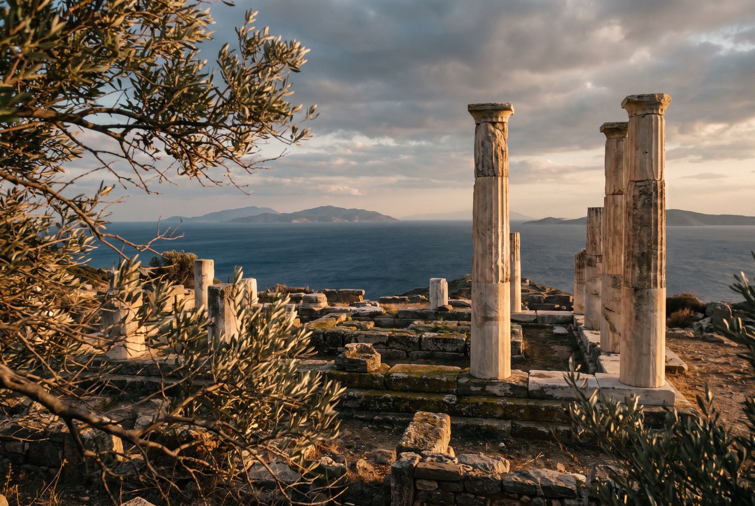 Weathered marble ruins on an Aegean headland at golden hour — the Bronze Age Greek world of Homer's Odyssey